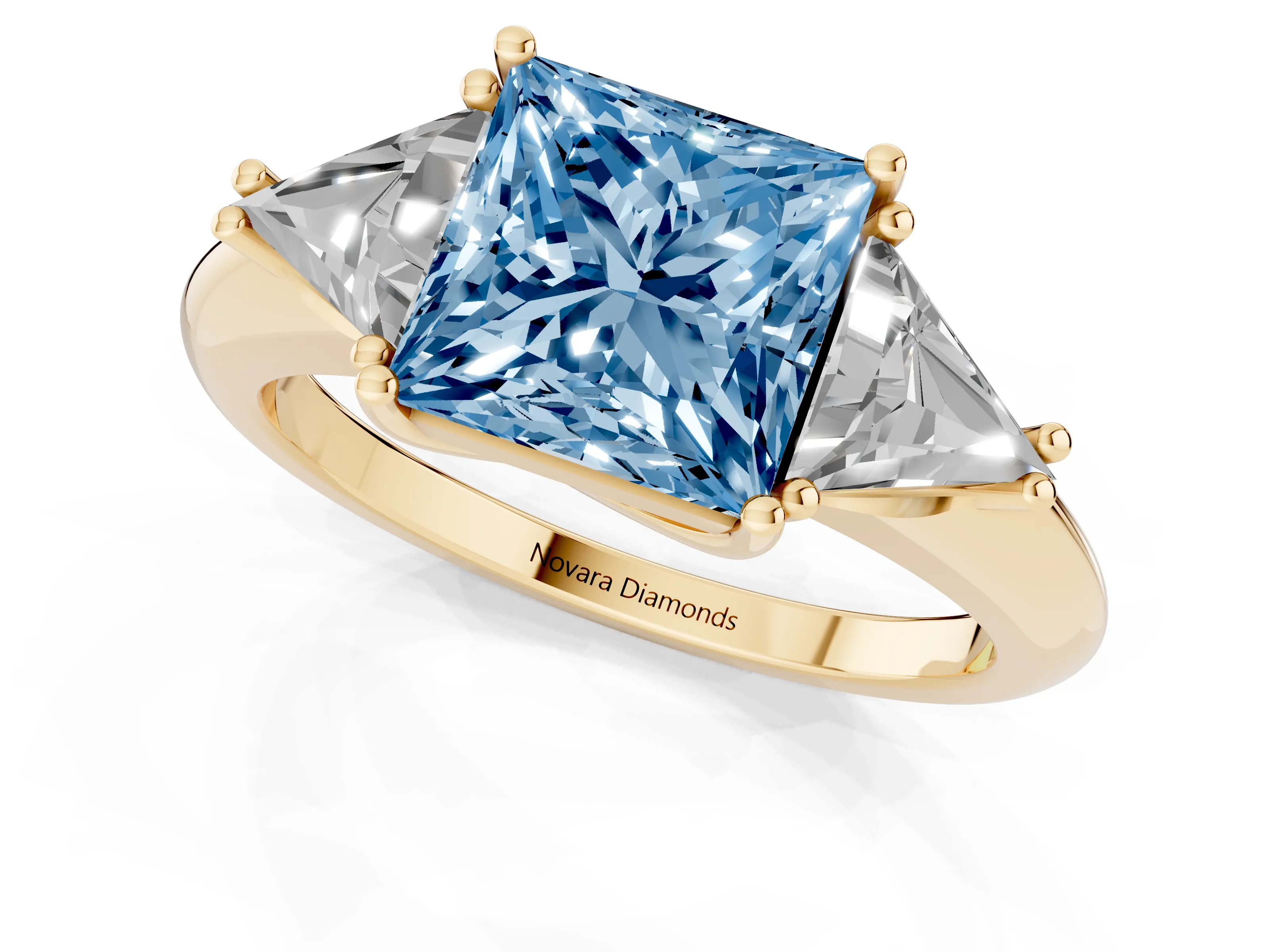Fancy Blue Princess Cut Diamond Three-Stone Engagement Ring Set in Yellow gold with Trillion Side Stones