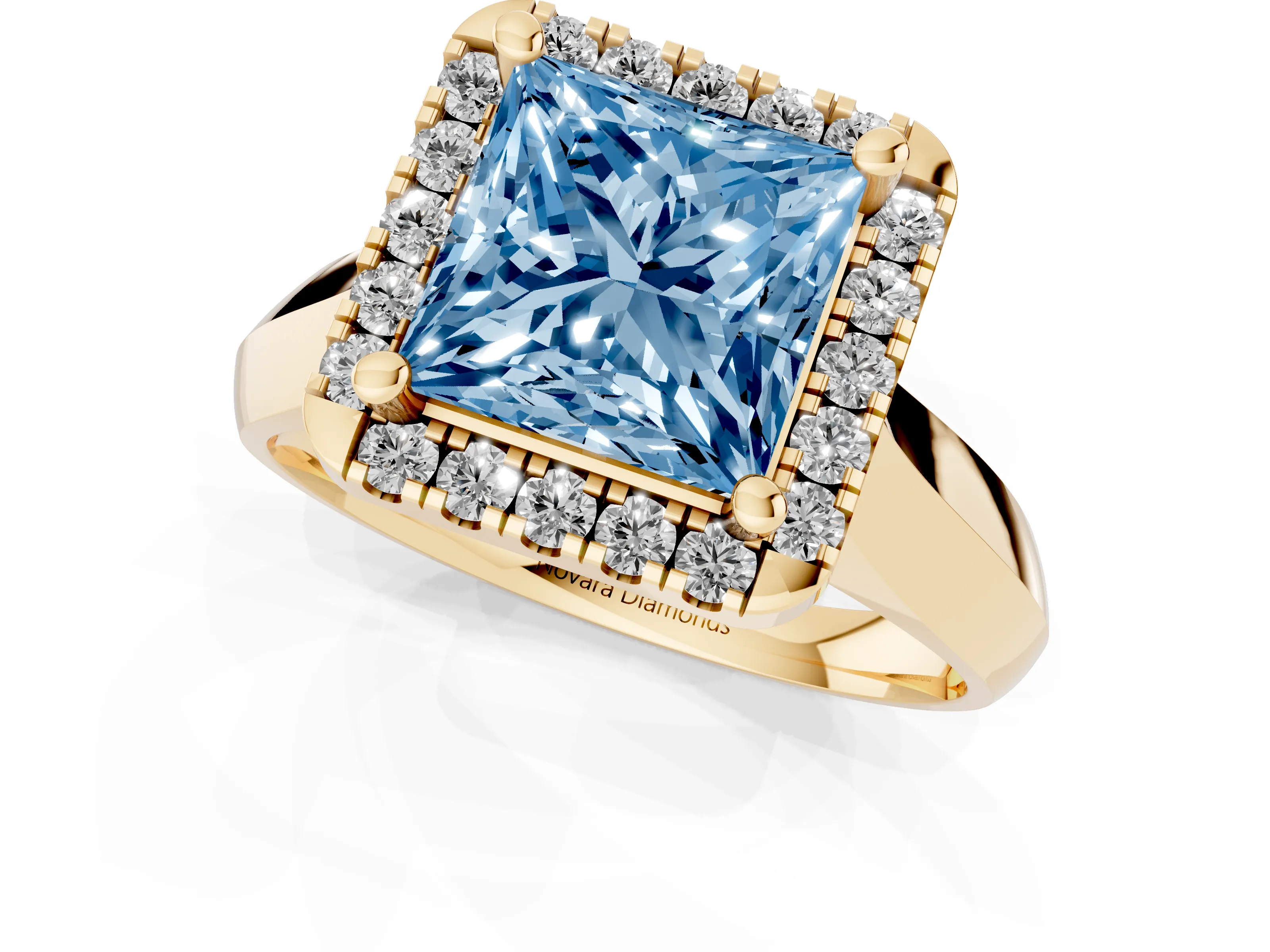 Fancy Blue Princess Cut Diamond Halo Solitaire Engagement Ring Set in Yellow gold with Square Band and Prong Setting