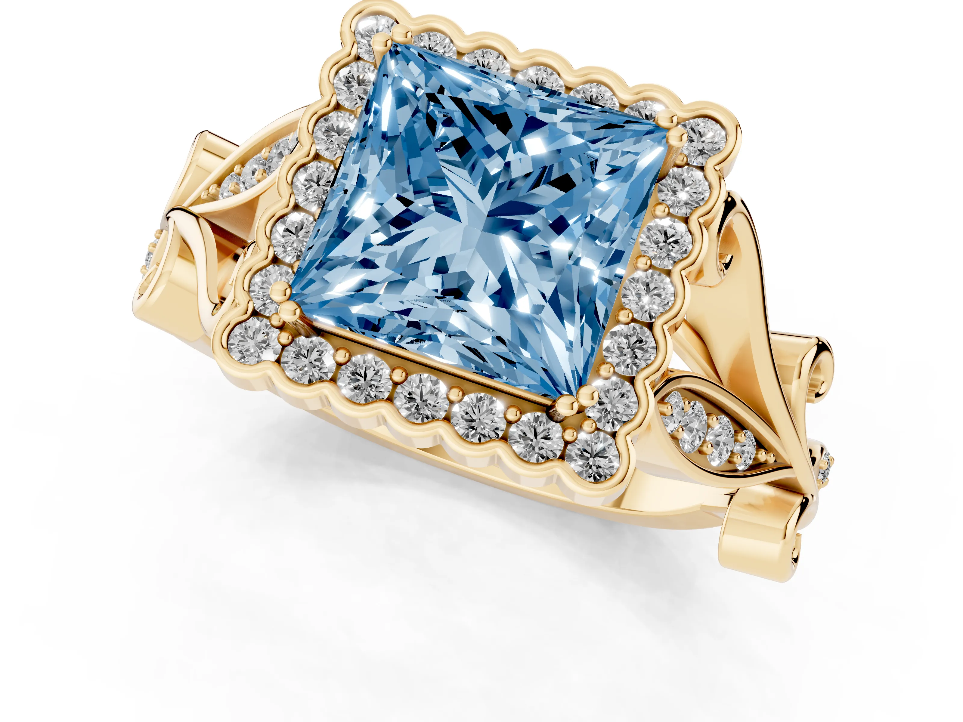 Fancy Blue Princess Cut Diamond Halo Ring Set in Yellow gold with Leaf Motif Split Shank and Prong Setting