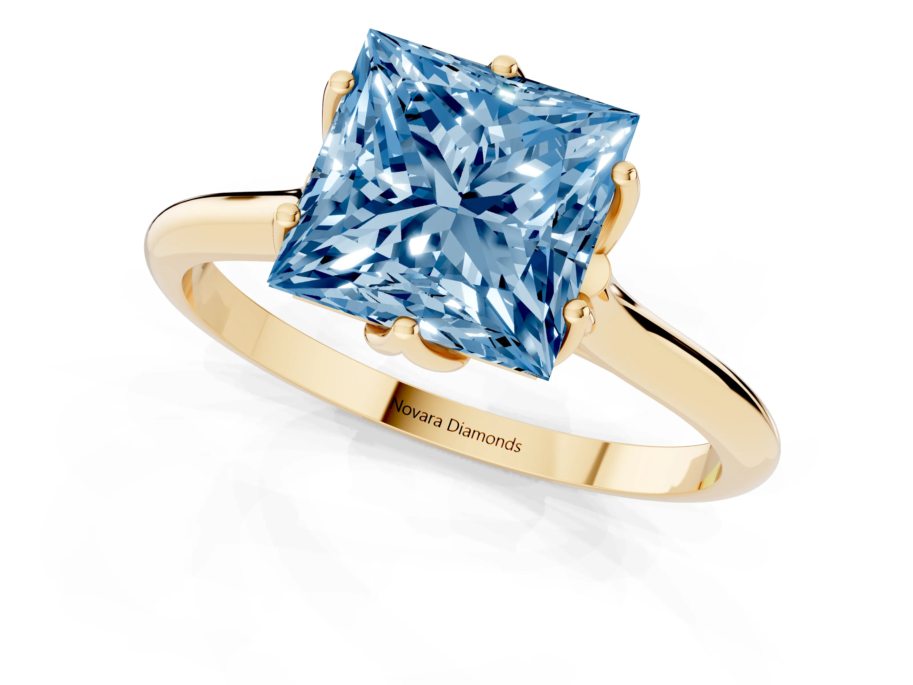 Fancy Blue Princess Cut Diamond Solitaire Cathedral Ring Set in Yellow gold with Prong Setting