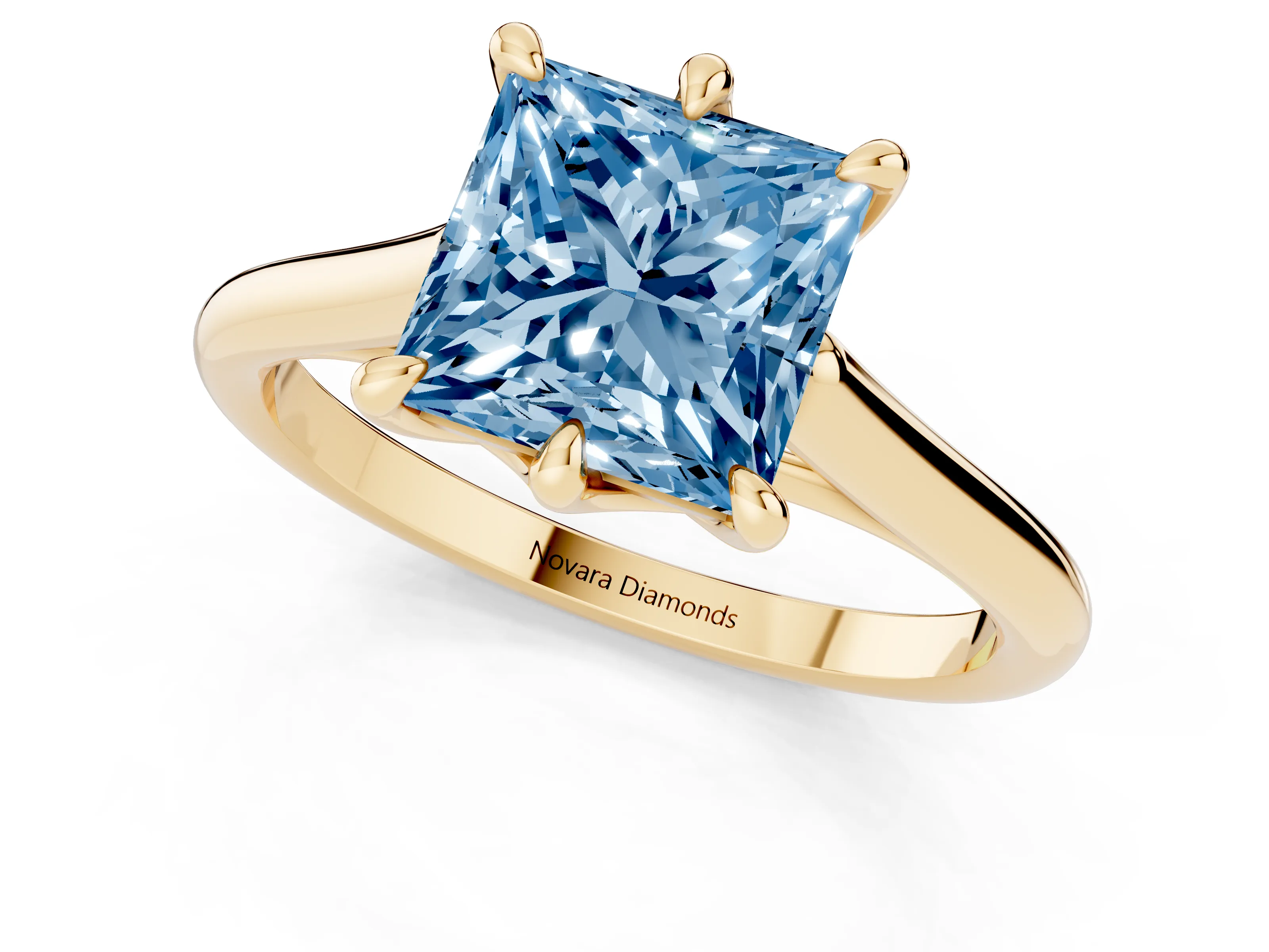Fancy Blue Princess Cut Diamond Solitaire Engagement Ring Set in Yellow gold with Prong Setting and Plain Classic Band