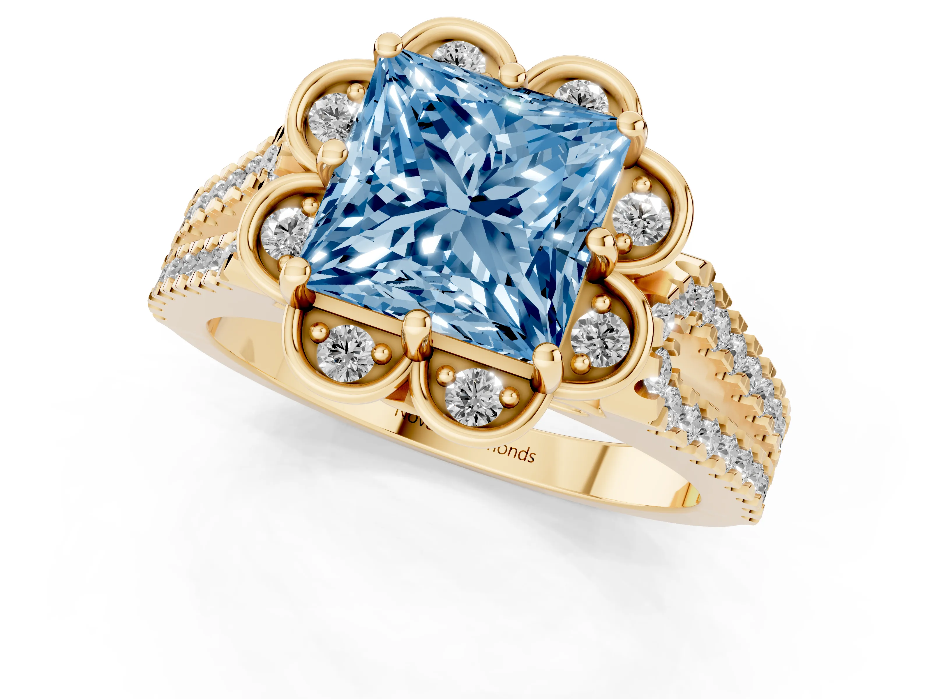 Fancy Blue Princess Cut Diamond Floral Halo Split Shank Engagement Ring Set in Yellow gold with Pavé Shank