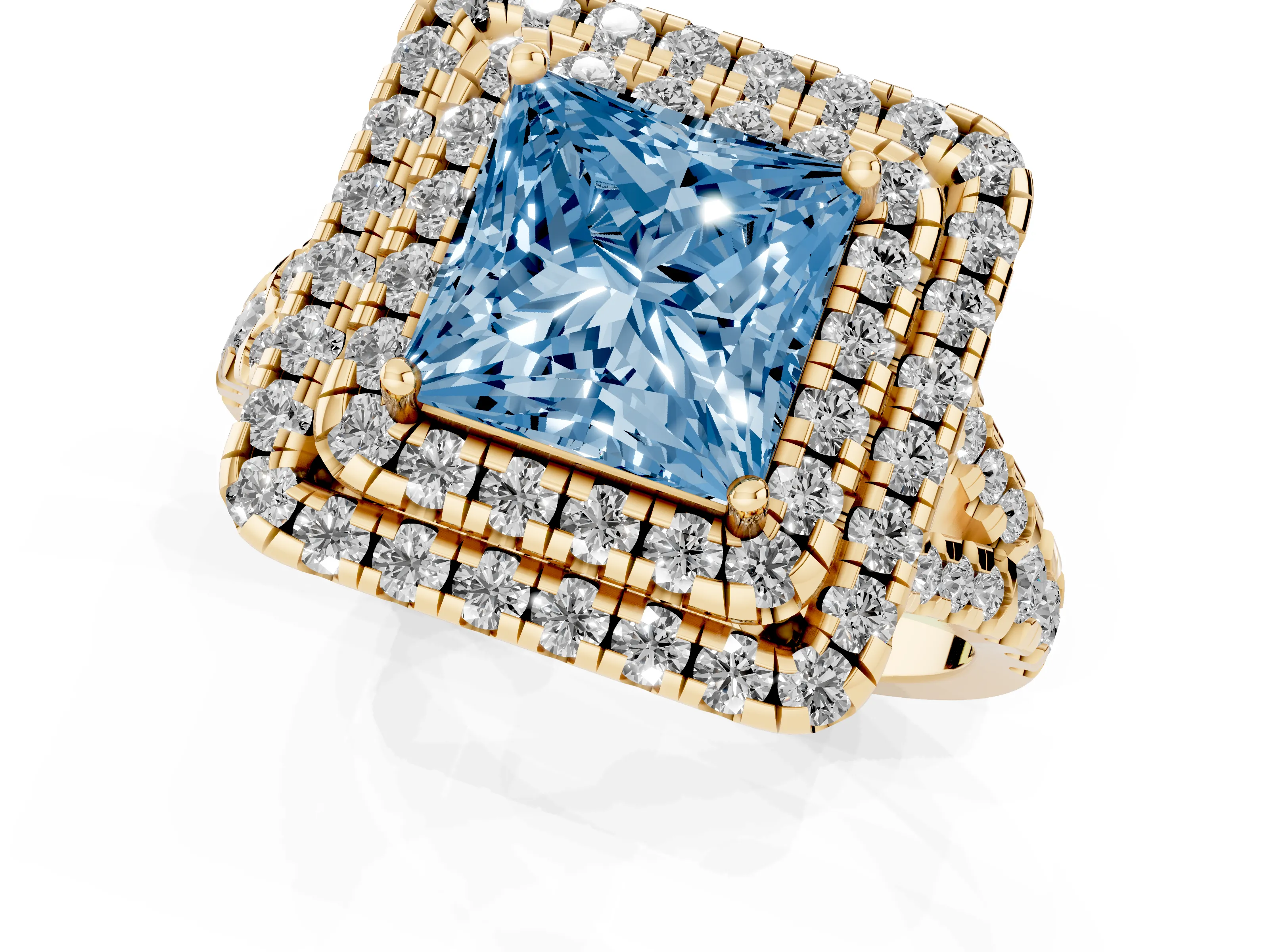 Fancy Blue Princess Cut Diamond Double Halo Ring Set in Yellow gold with Pavé Split Shank and Prong Setting