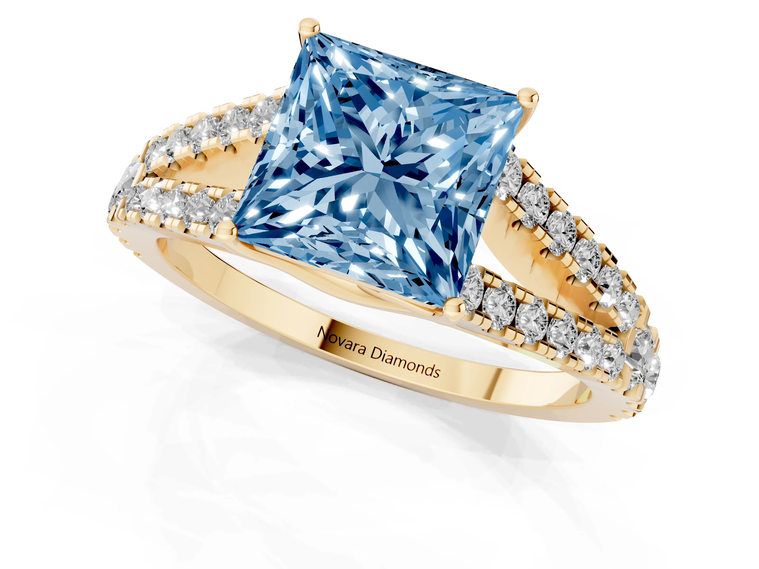Fancy Blue Princess Cut Diamond Split Shank Pavé Engagement Ring Set in Yellow gold with Prong-Held Center Stone