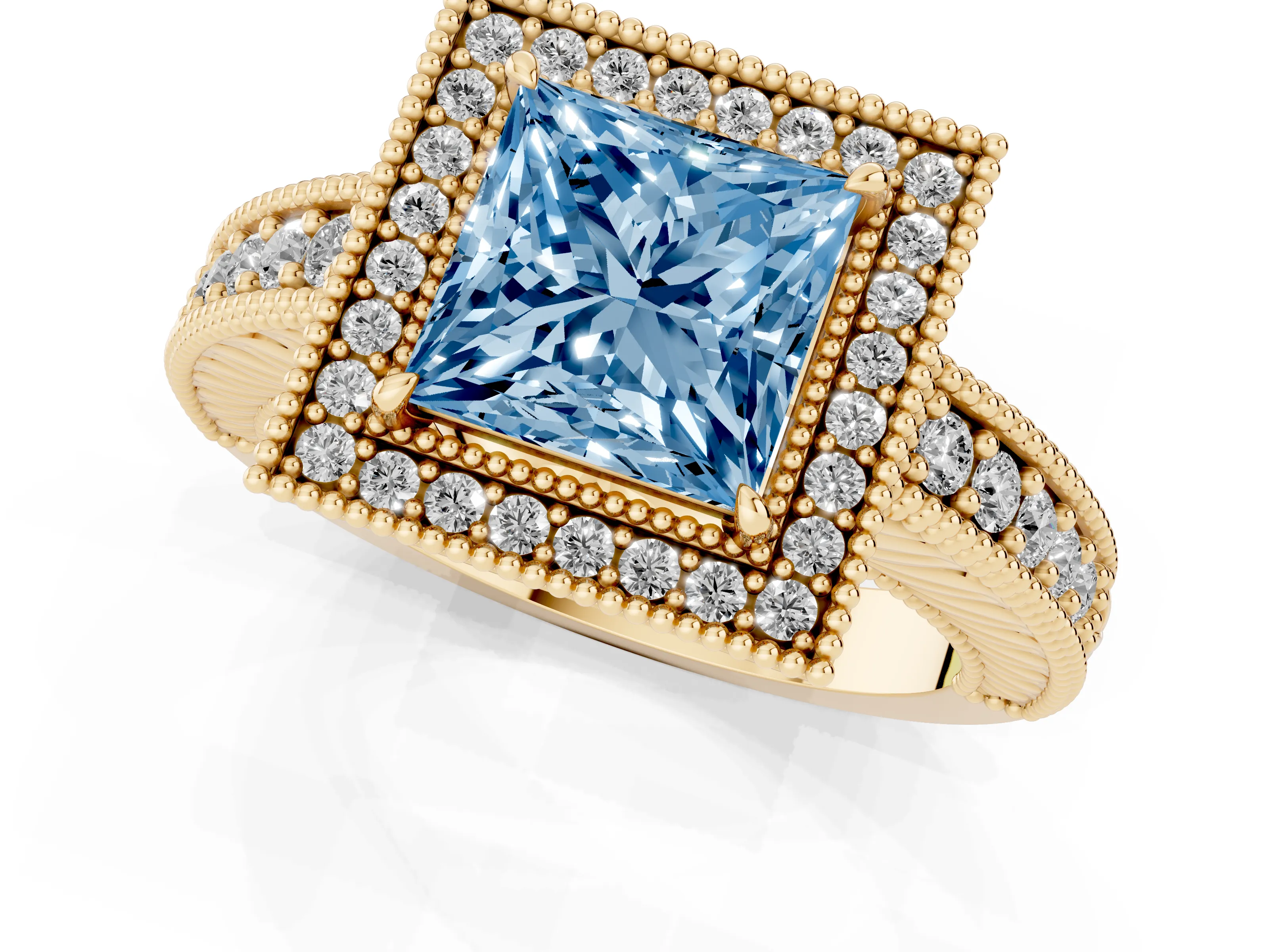 Fancy Blue Princess Cut Diamond Halo Ring Set in Yellow gold with Round Accent Halo, Pavé Band and Prong Setting
