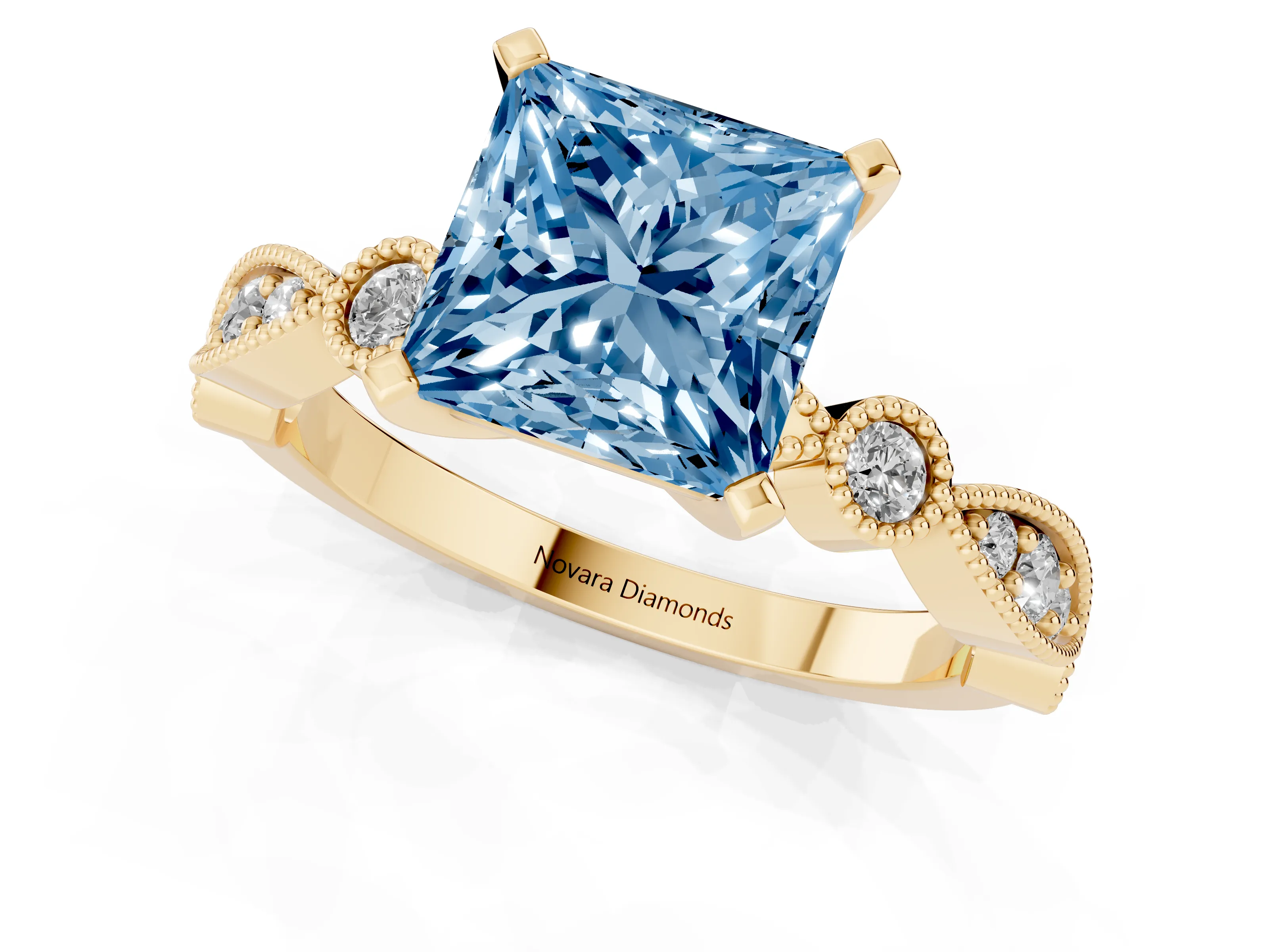 Fancy Blue Princess Cut Diamond Solitaire Engagement Ring Set in Yellow gold with Milgrain Bezel Accent Band