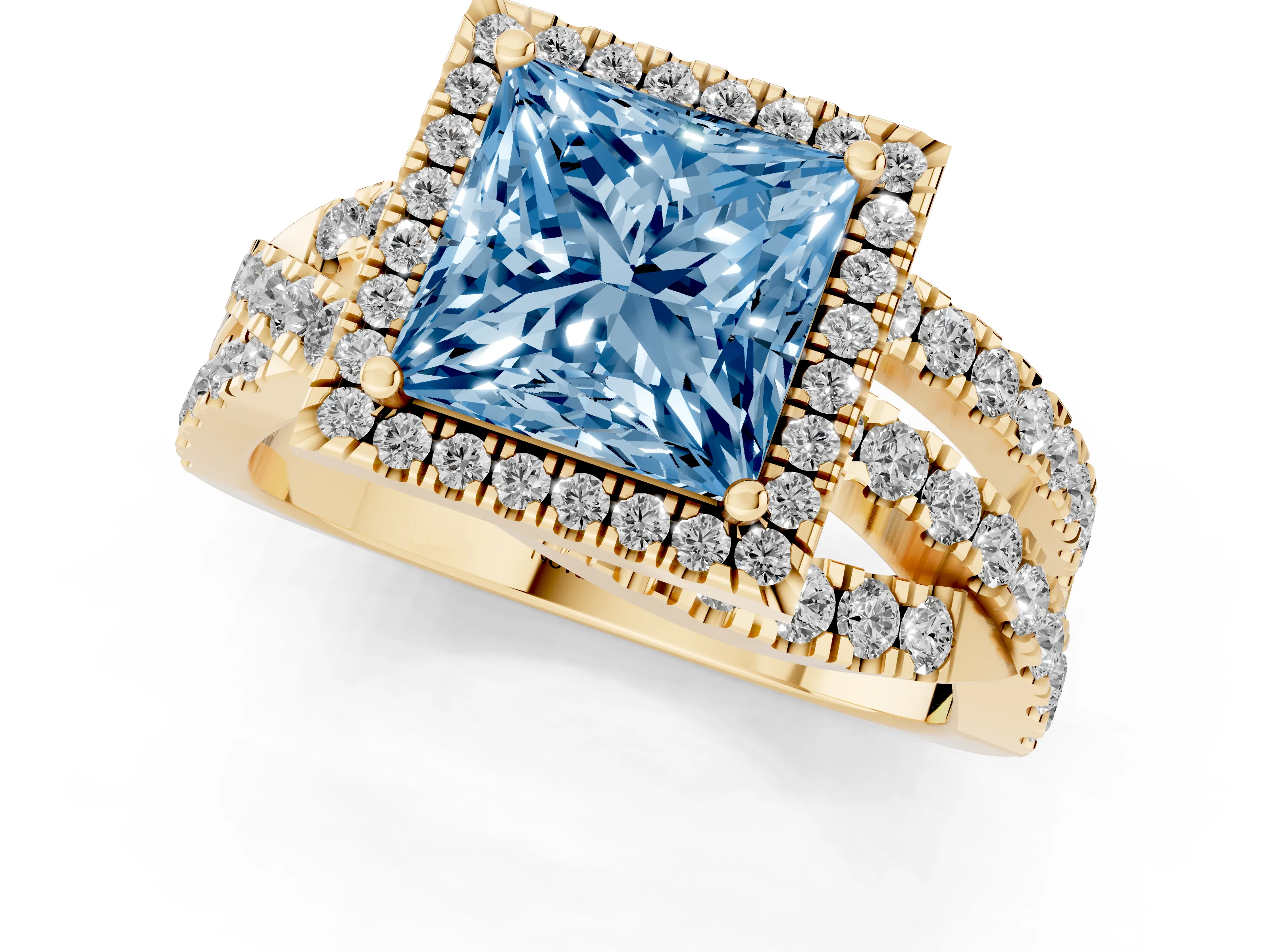 Fancy Blue Princess Cut Diamond Halo Ring Set in Yellow gold with Round Crossover Split Shank and Prong Setting
