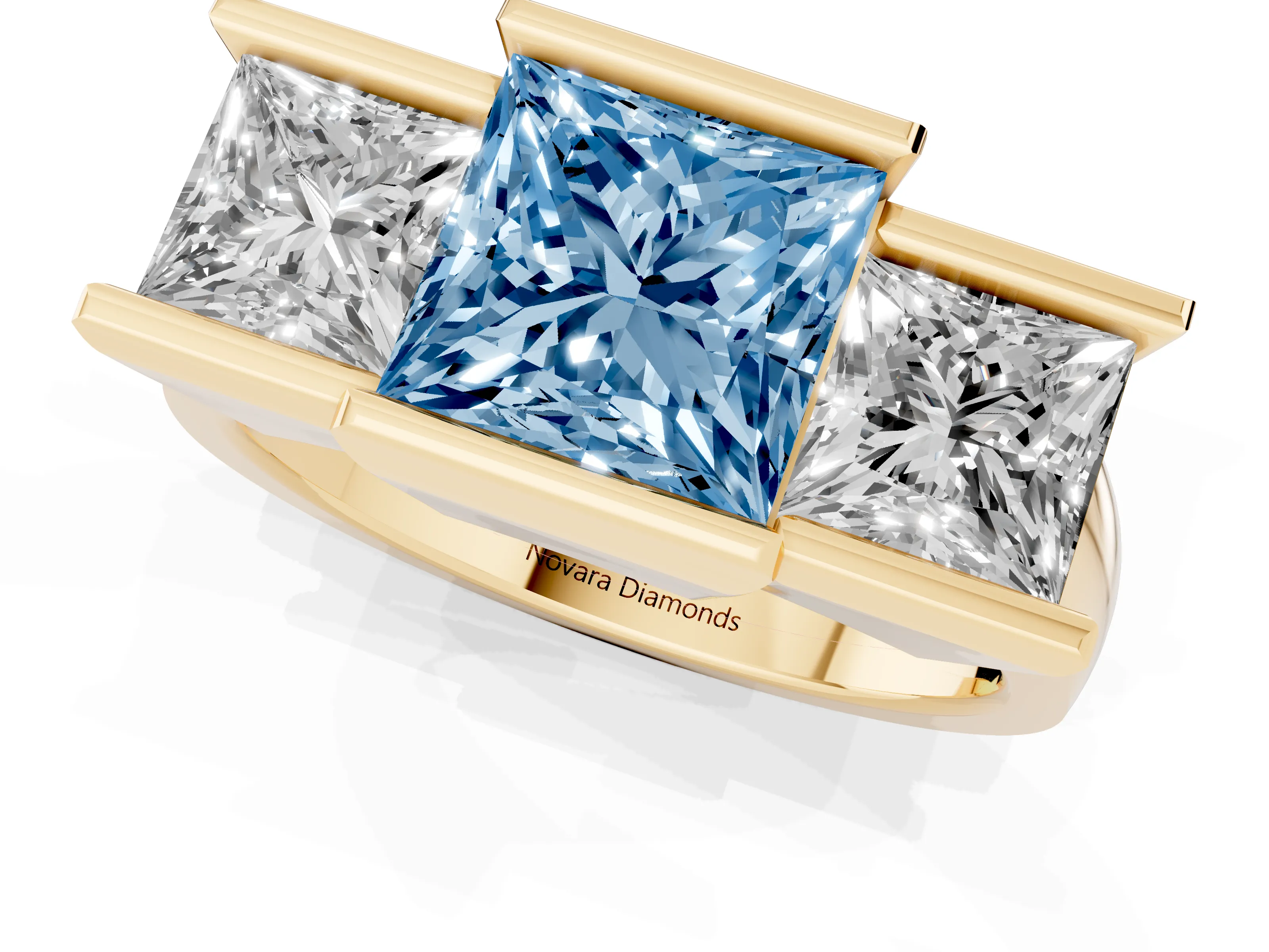 Fancy Blue Princess Cut Diamond Three-Stone Channel Set Ring Set in Yellow gold with Smooth Polished Band