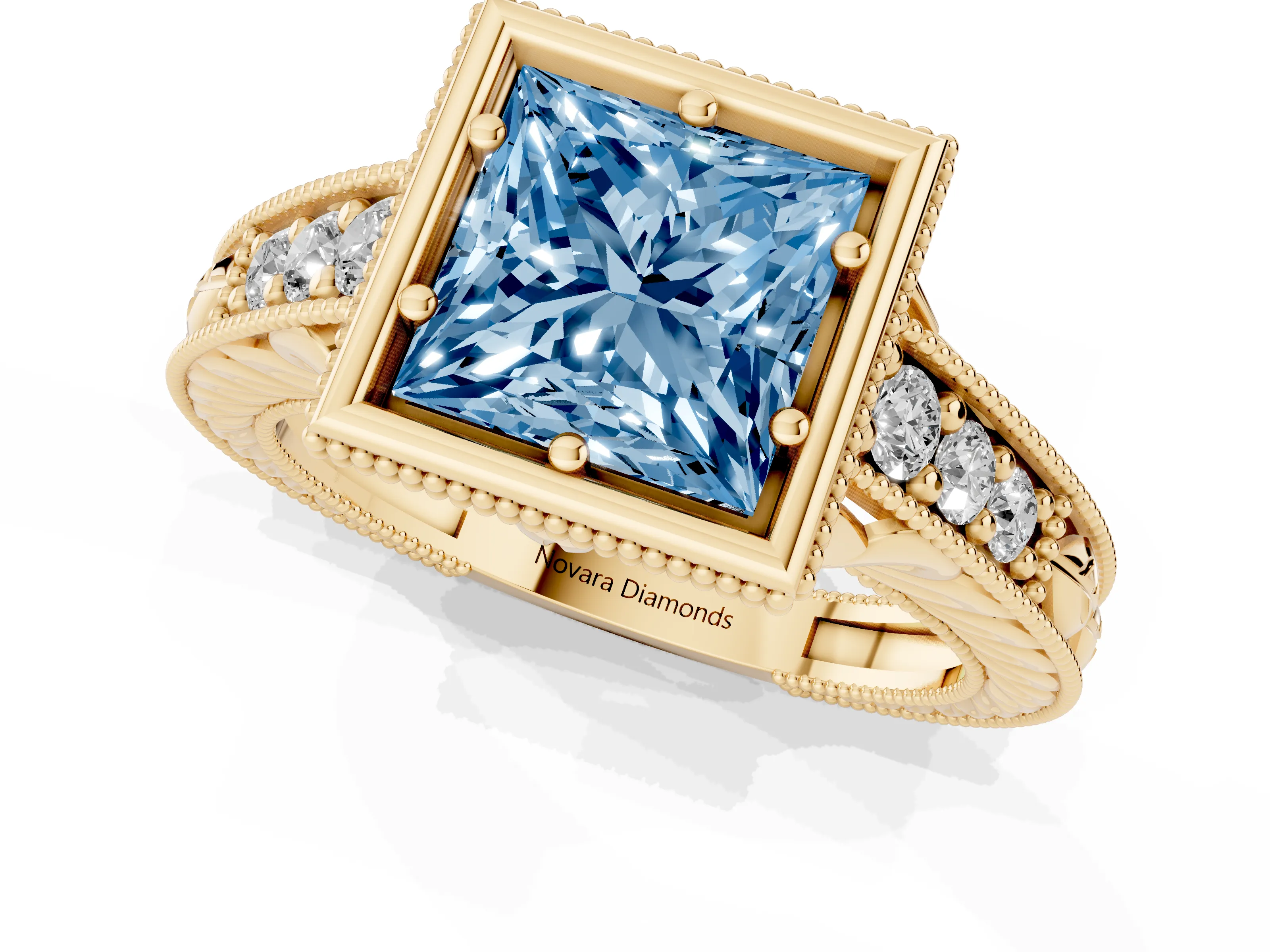 Fancy Blue Bezel Set Princess Cut Diamond Milgrain Pavé Engagement Ring Set in Yellow gold