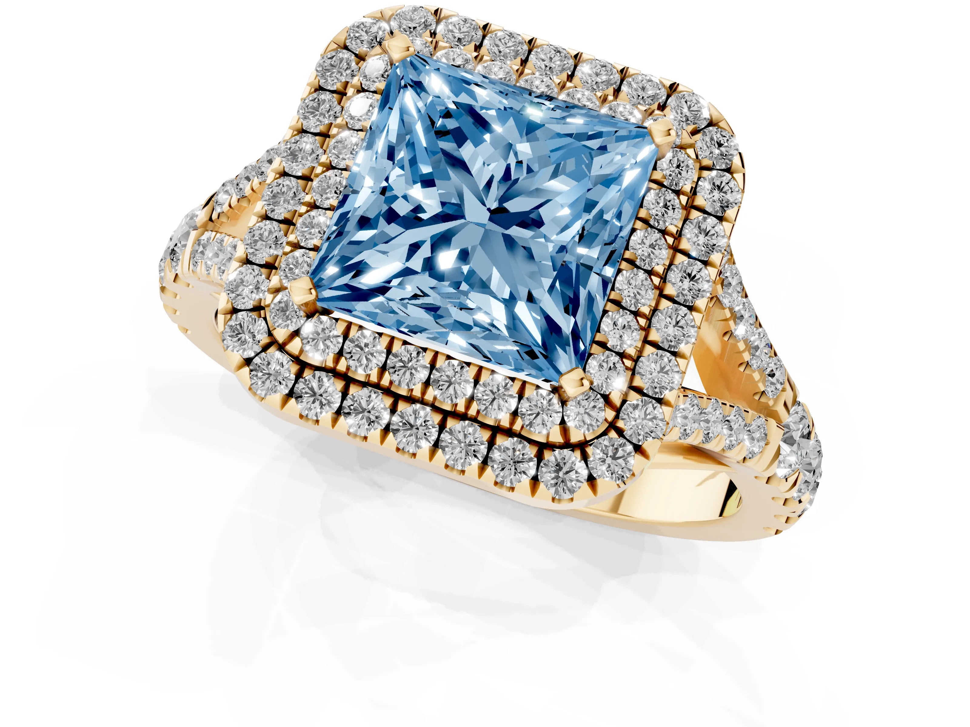 Fancy Blue Princess Cut Diamond Pavé Split Shank Double Halo Engagement Ring Set in Yellow gold
