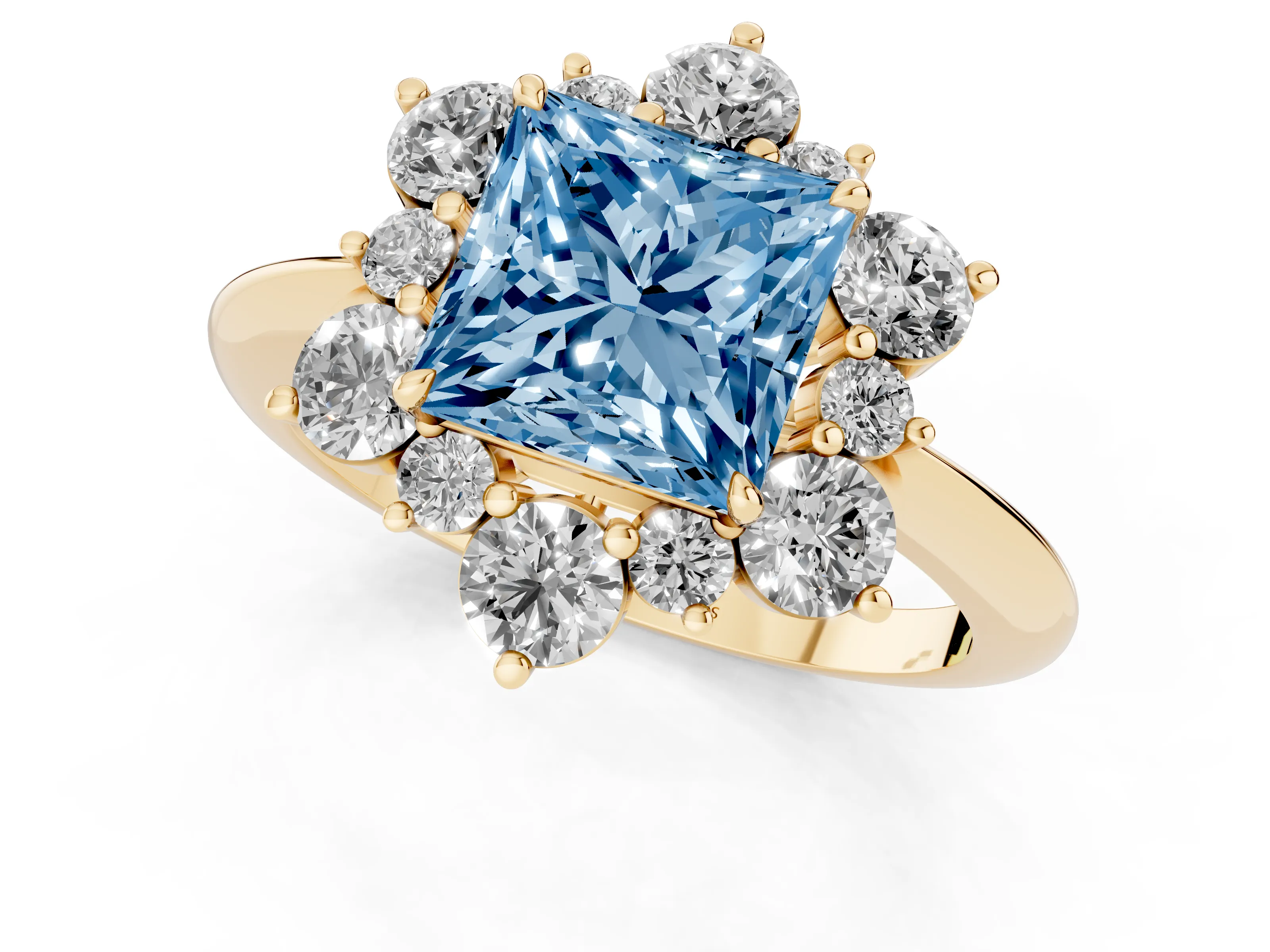 Fancy Blue Princess Cut Diamond Cluster Halo Ring Set in Yellow gold with Solitaire Band and Prong Setting