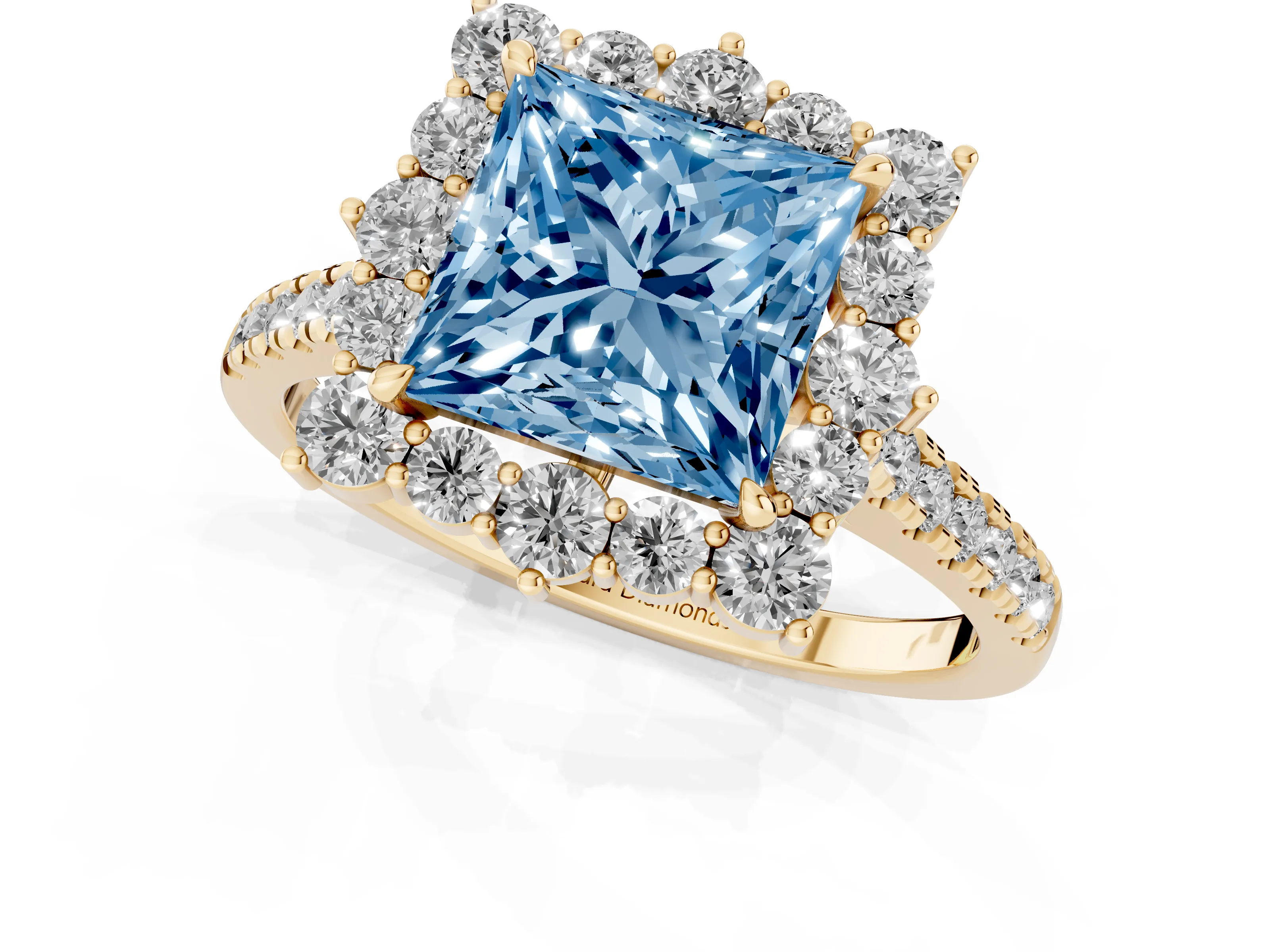 Fancy Blue Princess Cut Diamond Halo Ring Set in Yellow gold with Pavé Band and Prong Setting