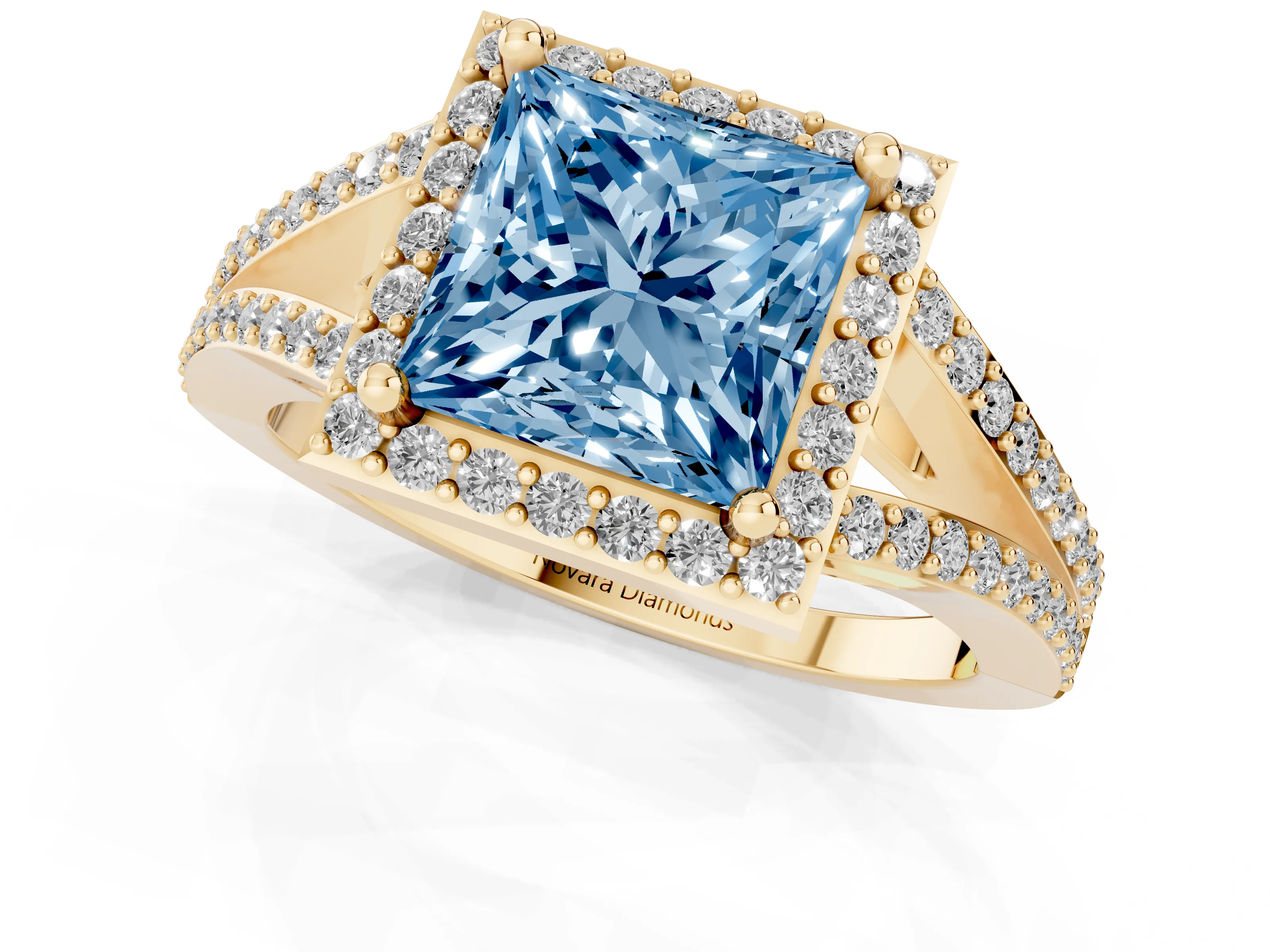 Fancy Blue Princess Cut Diamond Halo Split Shank Pavé Ring Set in Yellow gold with Prong Setting