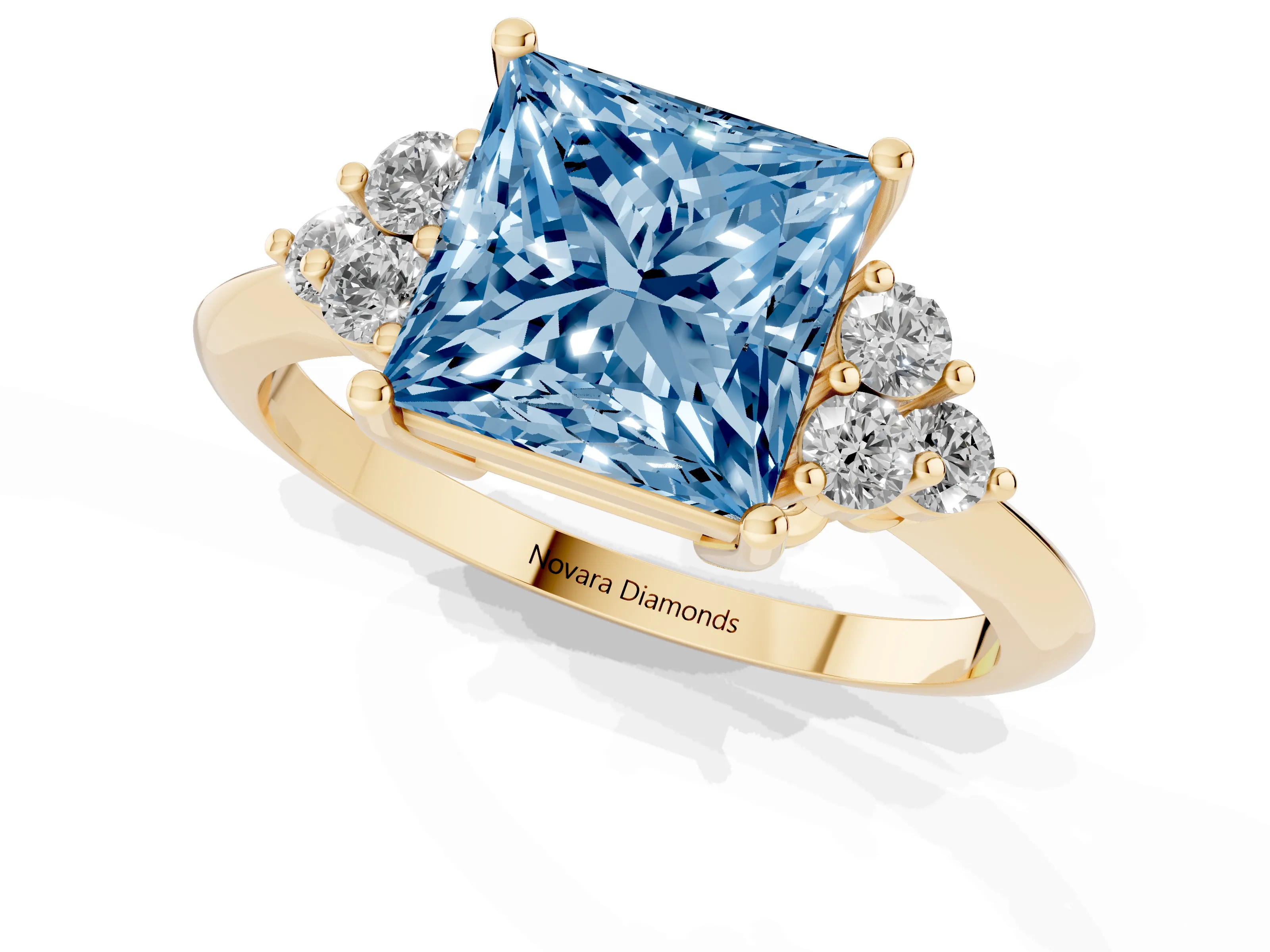 Fancy Blue Princess Cut Diamond Cluster Ring Set in Yellow gold with Plain Band and Prong Setting