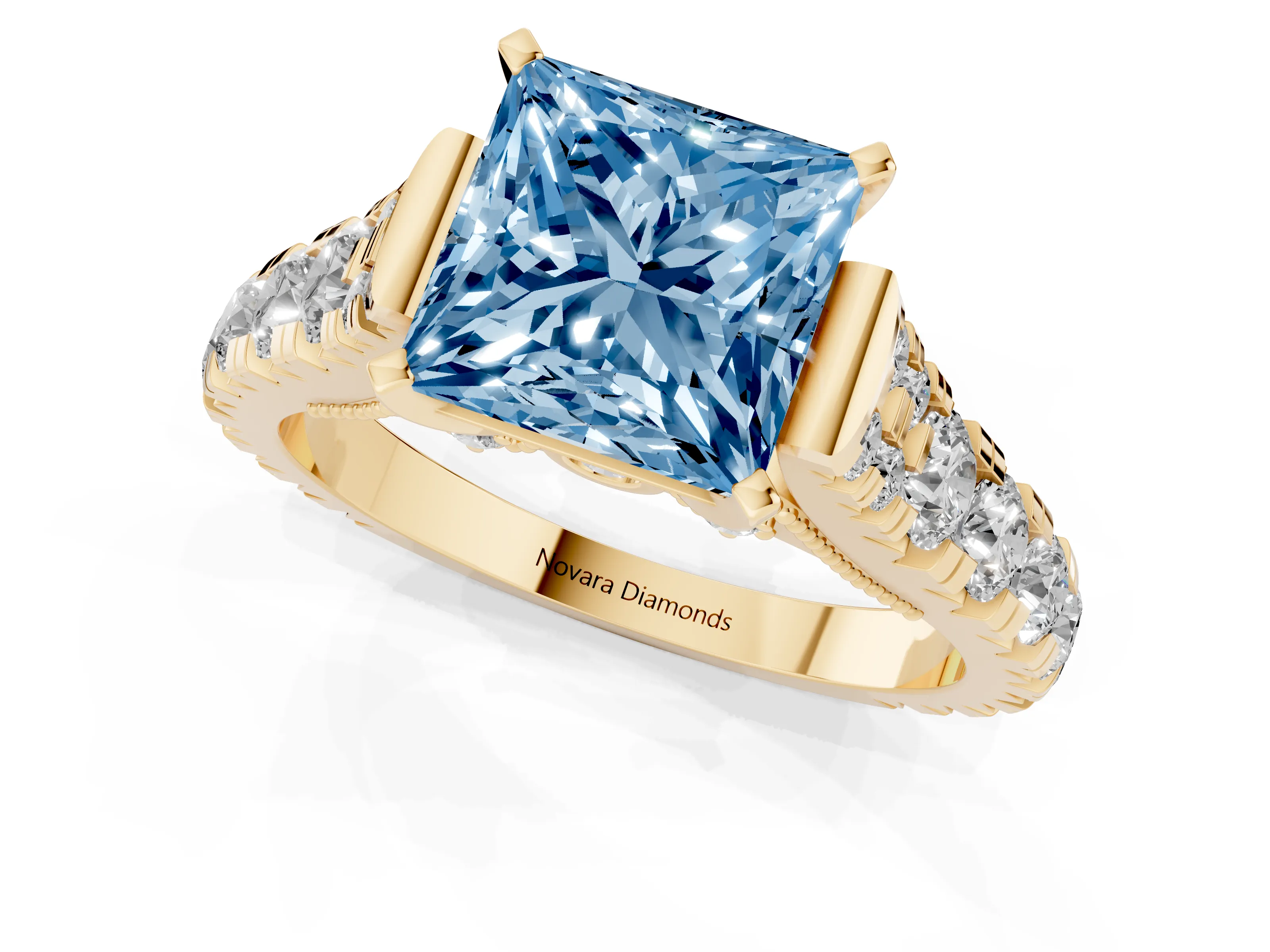 Fancy Blue Princess Cut Diamond Classic Solitaire Ring Set in Yellow gold with Pavé Band and Prong Setting