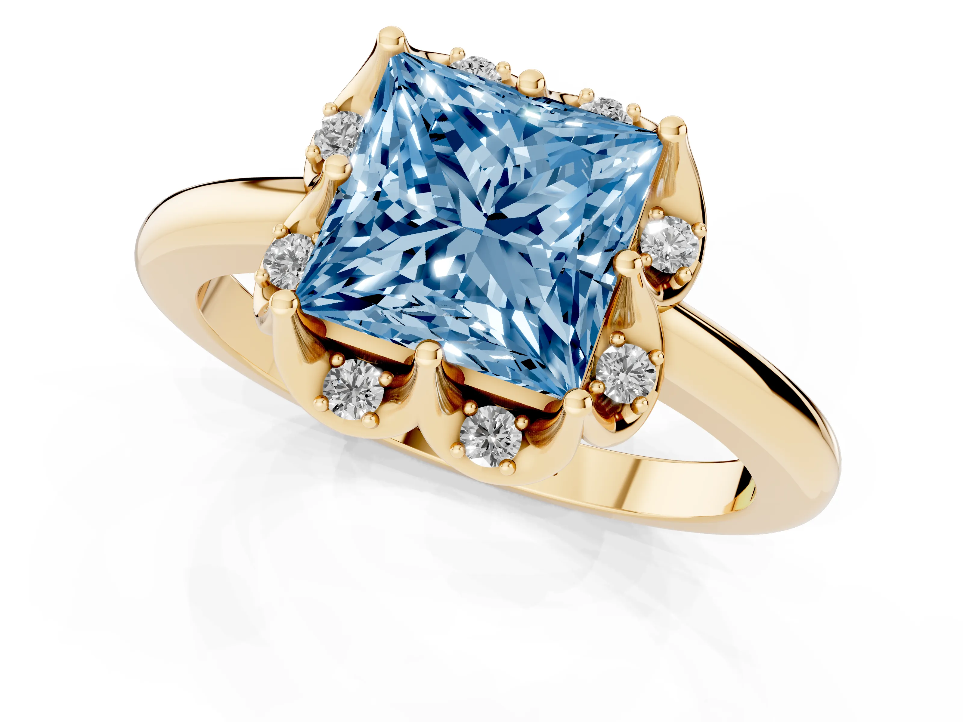 Fancy Blue Princess Cut Diamond Round Cluster Halo Ring Set in Yellow gold with Solitaire Band and Prong Setting
