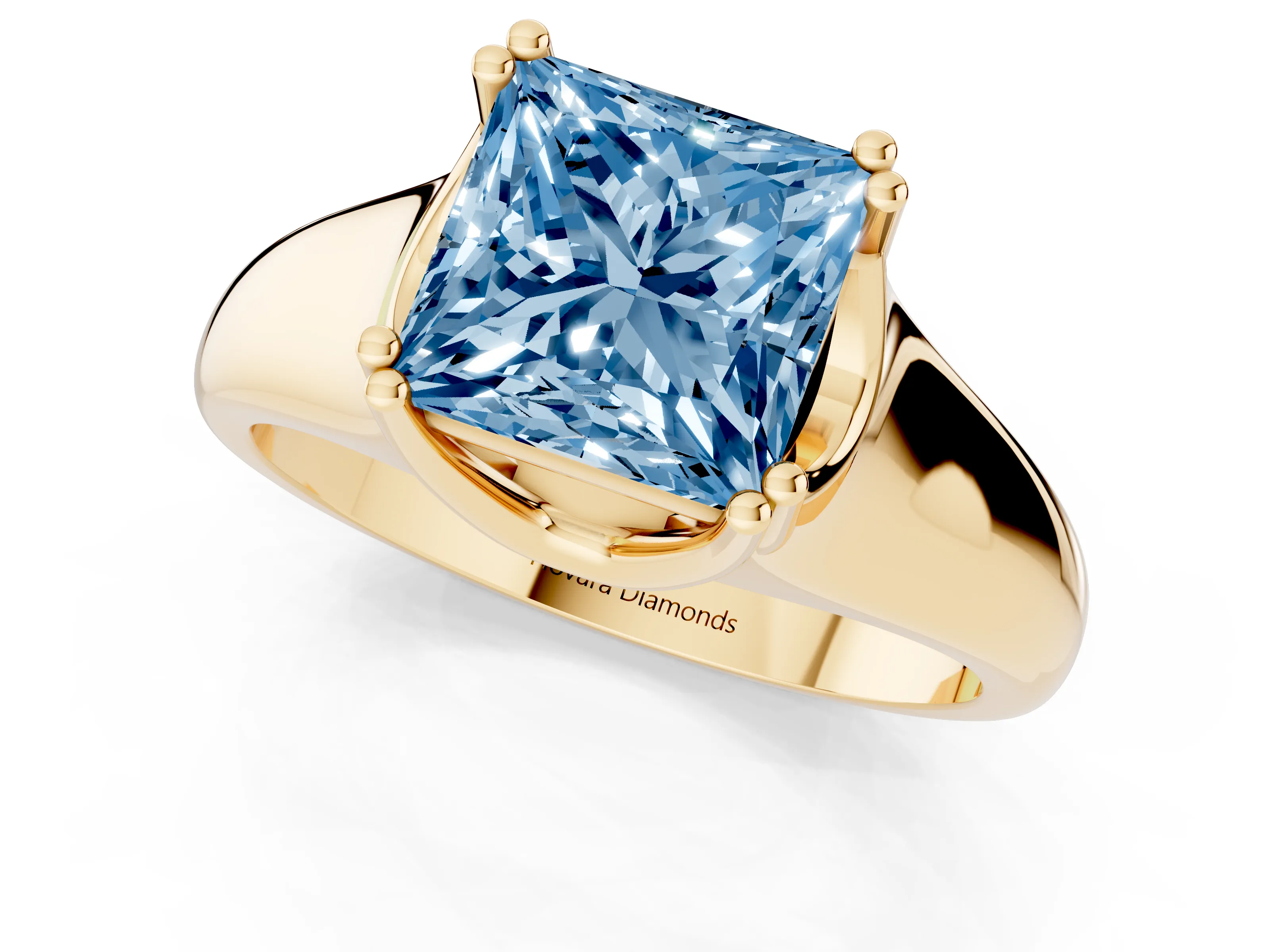 Fancy Blue Princess Cut Diamond Solitaire Ring Set in Yellow gold with Wide Band and Prong Setting