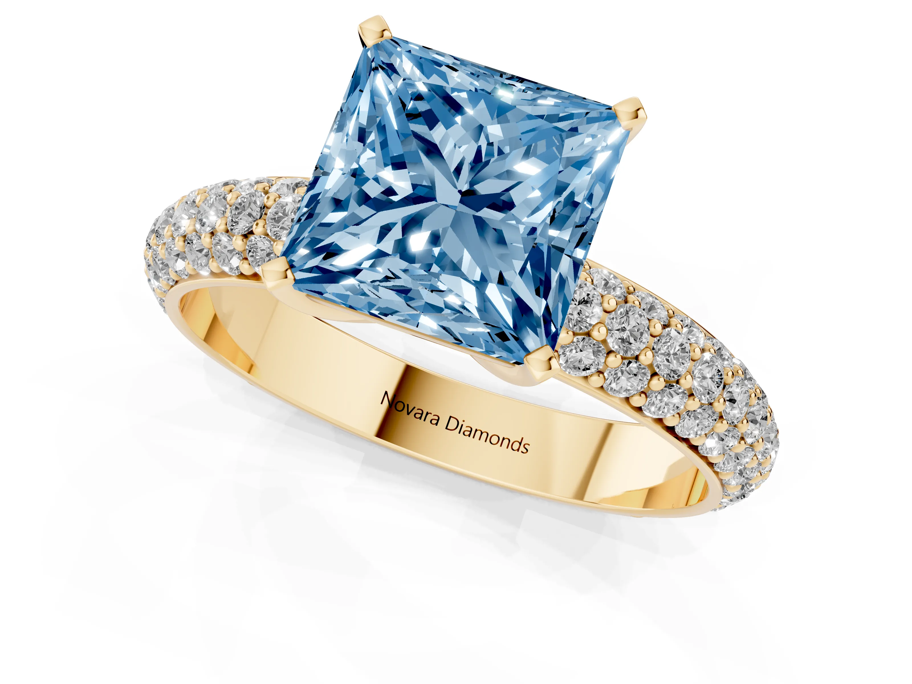Fancy Blue Princess Cut Diamond Solitaire Ring Set in Yellow gold with Prong Setting and Pavé-Set Band