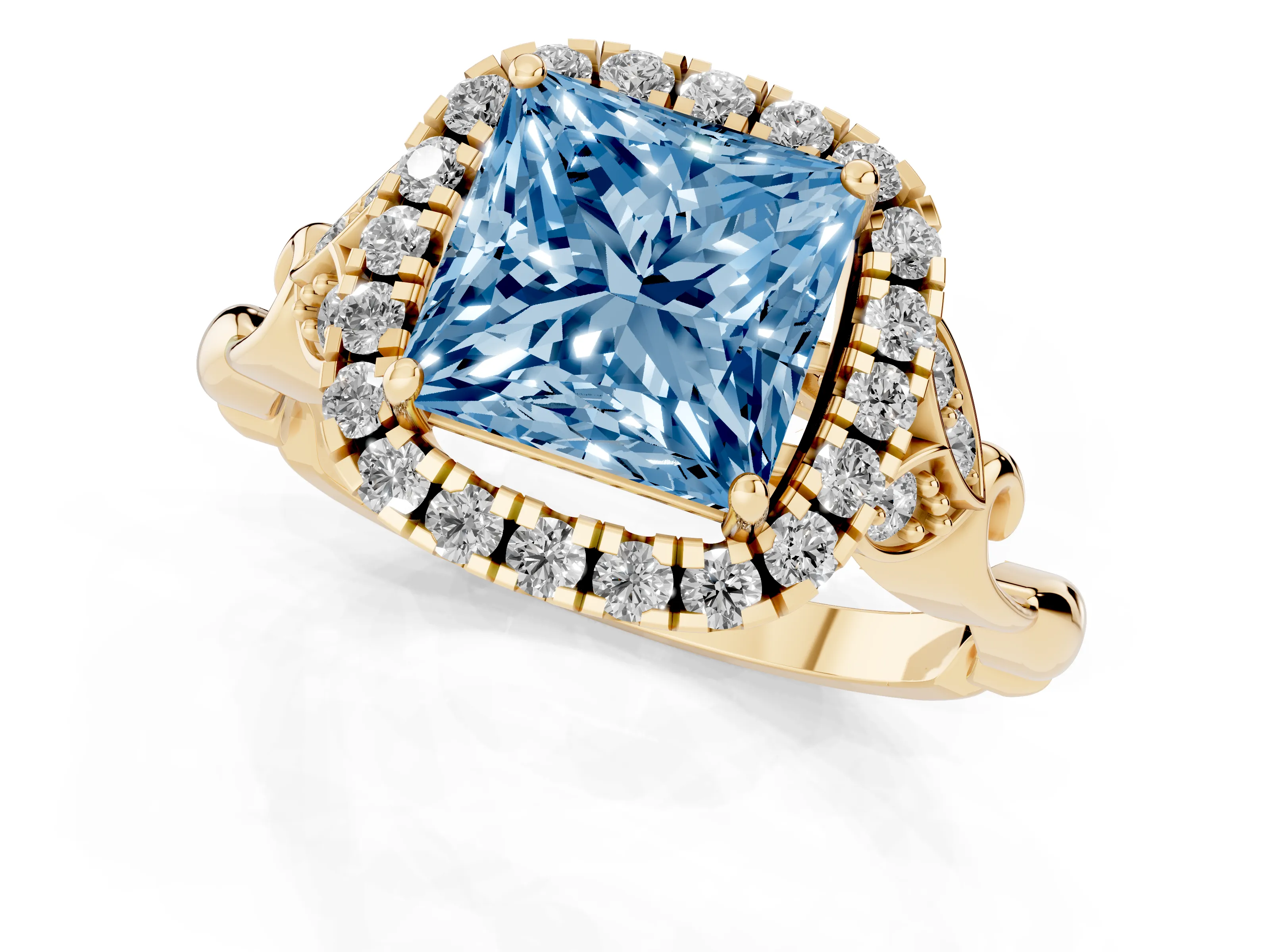 Fancy Blue Princess Cut Diamond Halo Engagement Ring Set in Yellow gold with Vintage-Inspired Band and Prong Setting
