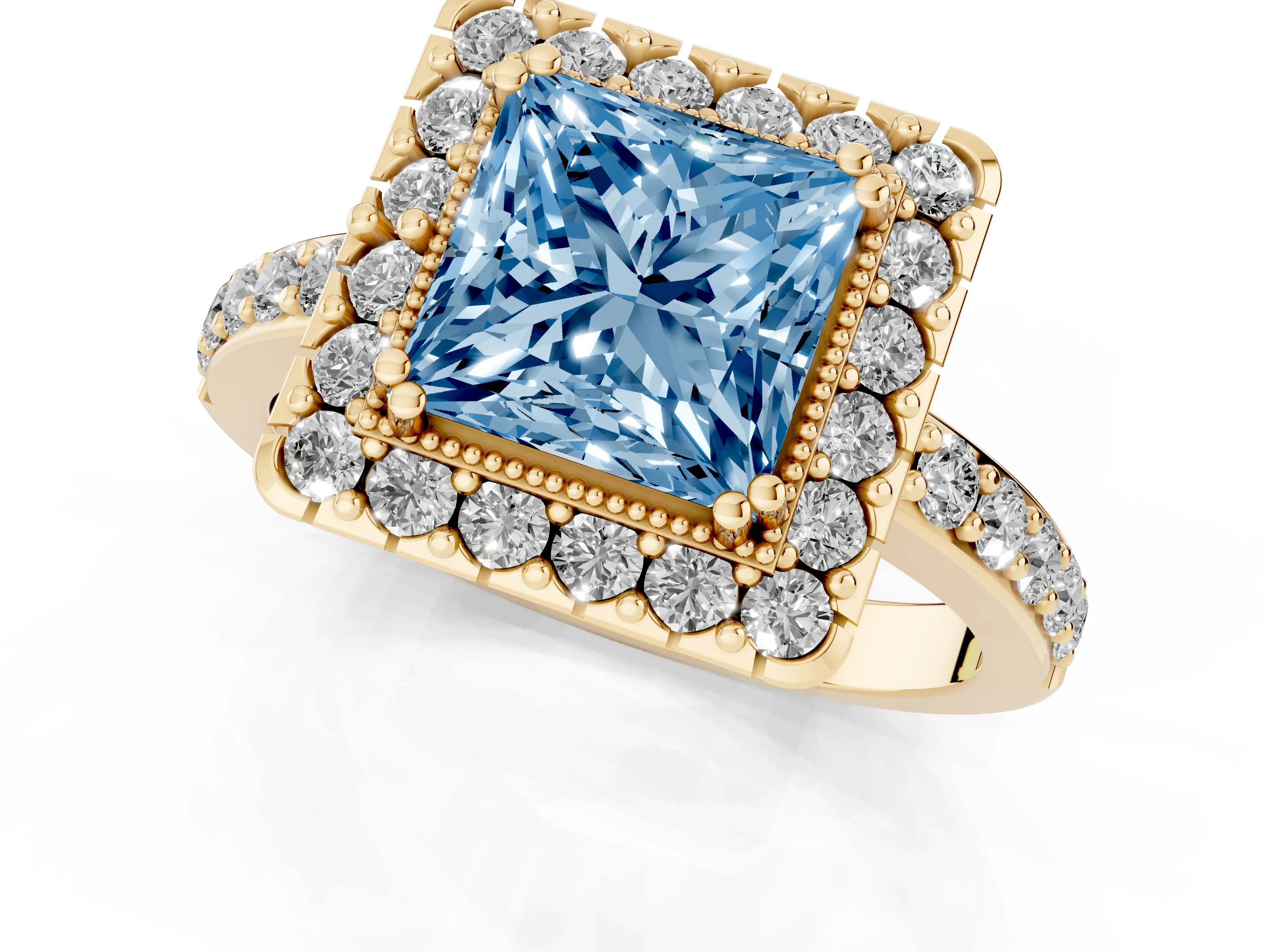 Fancy Blue Princess Cut Diamond Halo Ring Set in Yellow gold with Pavé Shank and Prong Setting