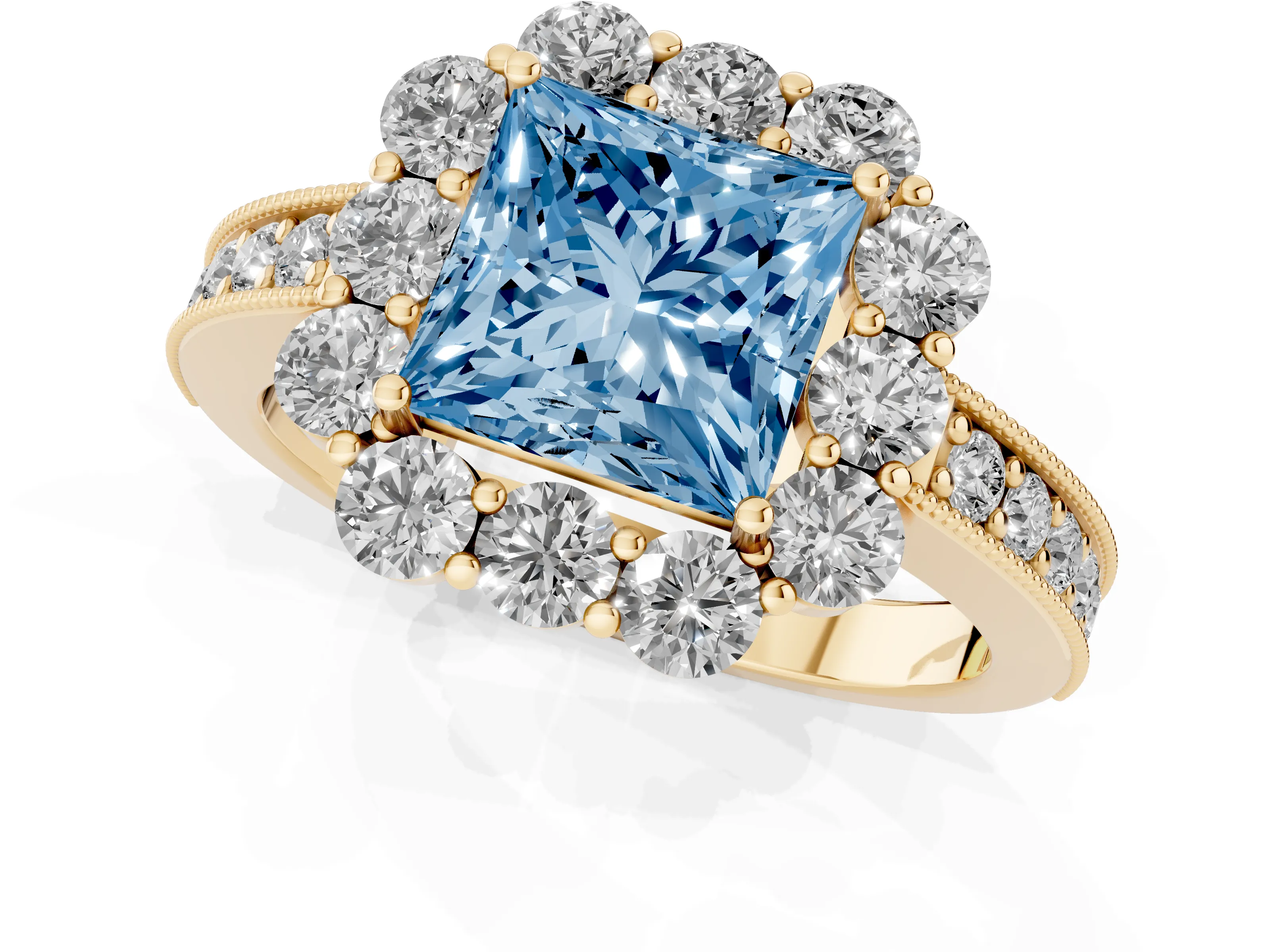 Fancy Blue Princess Cut Diamond Halo Pavé Engagement Ring Set in Yellow gold with Milgrain Detailing