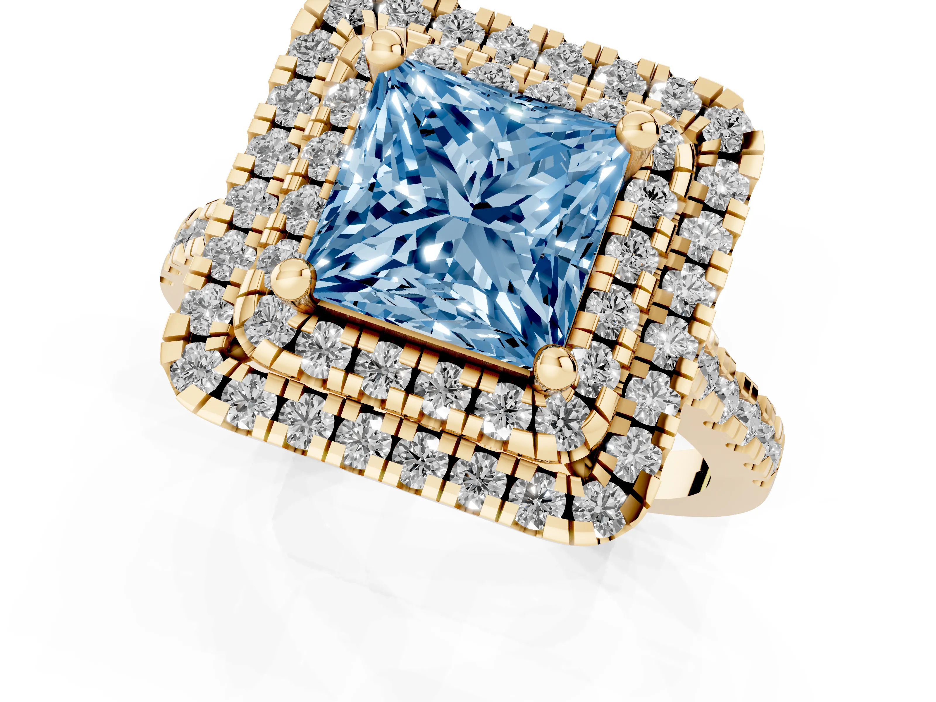 Fancy Blue Princess Cut Diamond Double Halo Statement Ring Set in Yellow gold with Pavé Band