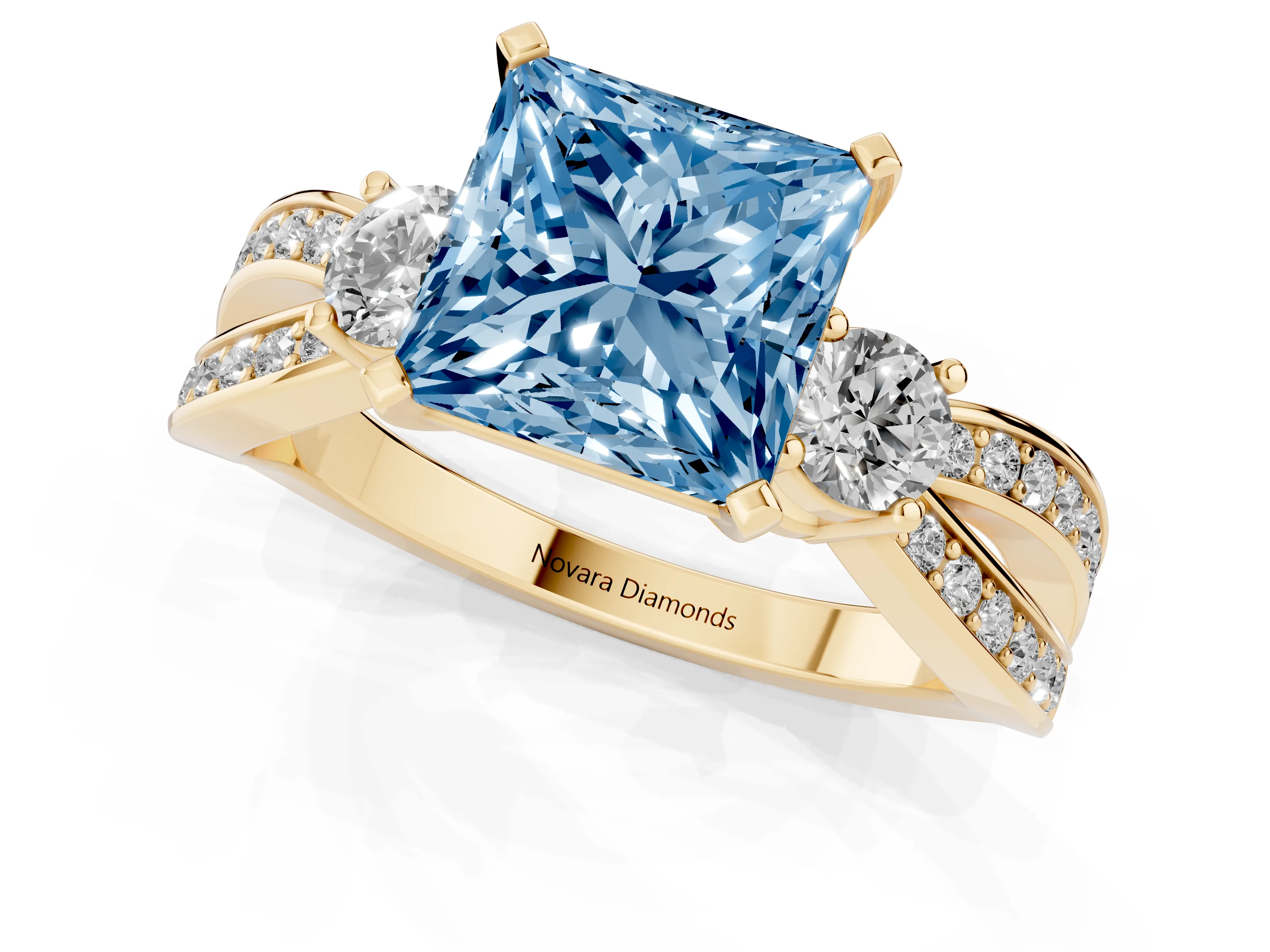 Fancy Blue Three-Stone Princess Cut Diamond Twist Band Ring Set in Yellow gold with Pavé Accents and Prong Setting