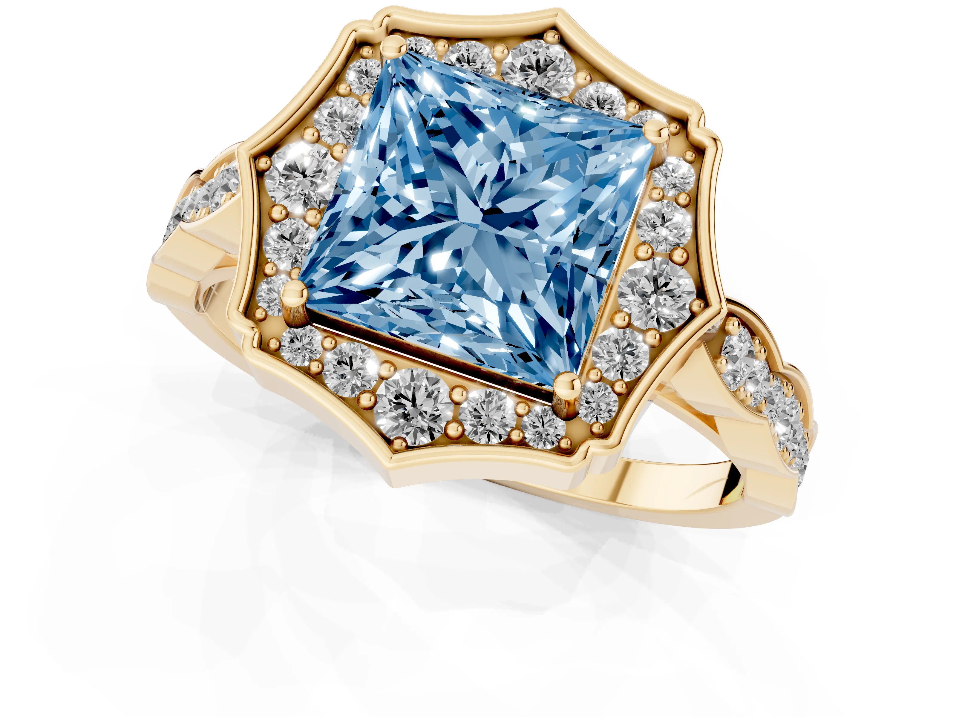 Fancy Blue Princess Cut Diamond Halo Engagement Ring Set in Yellow gold with Milgrain Band and Prong Setting