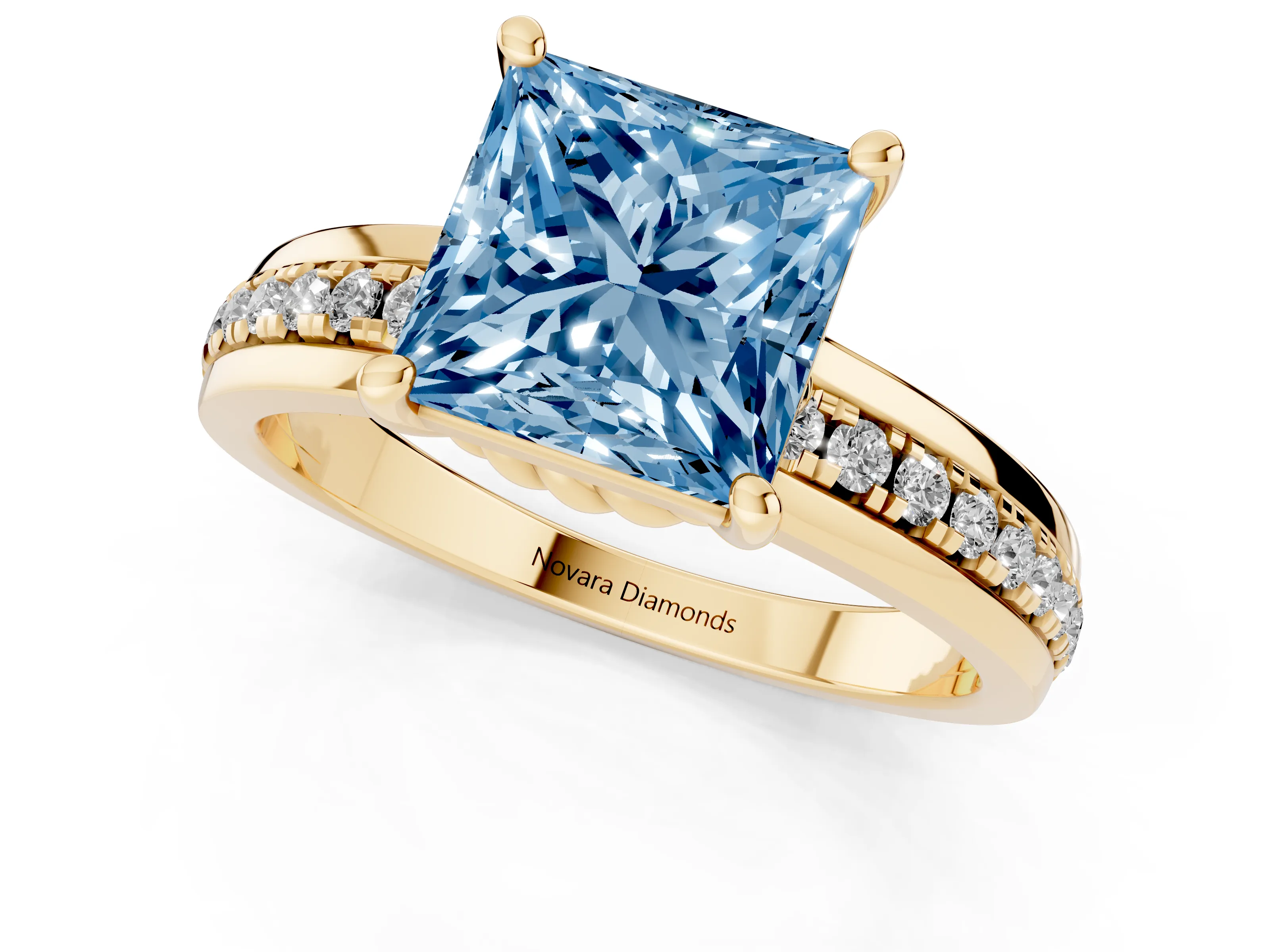 Fancy Blue Princess Cut Diamond Solitaire Ring Set in Yellow gold with Channel Set Band and Prong Setting
