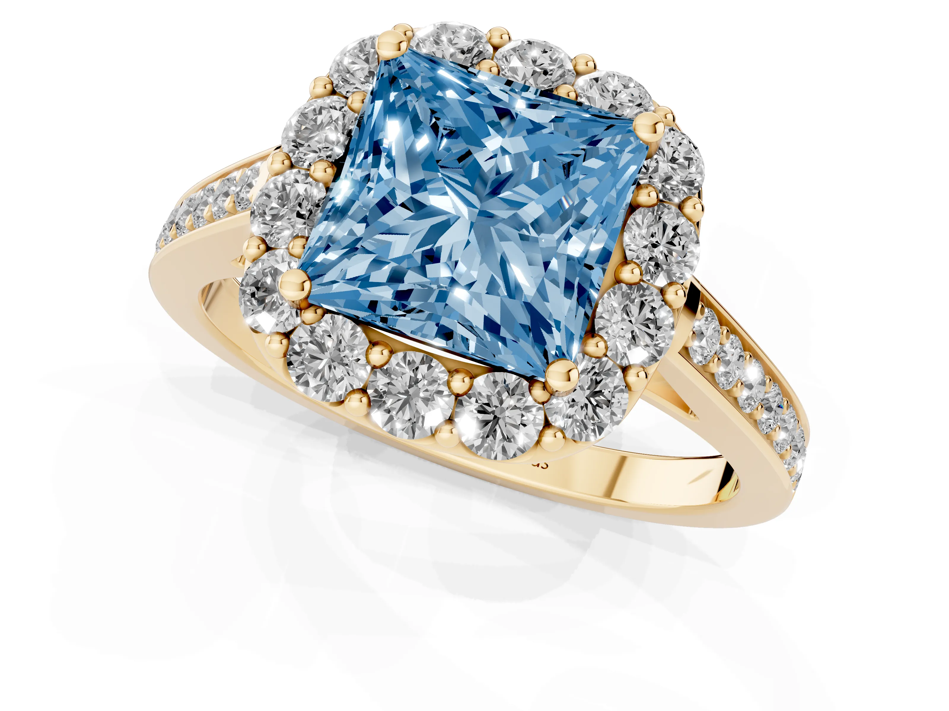 Fancy Blue Princess Cut Diamond Floral Halo Ring Set in Yellow gold with Pavé Band and Prong Setting
