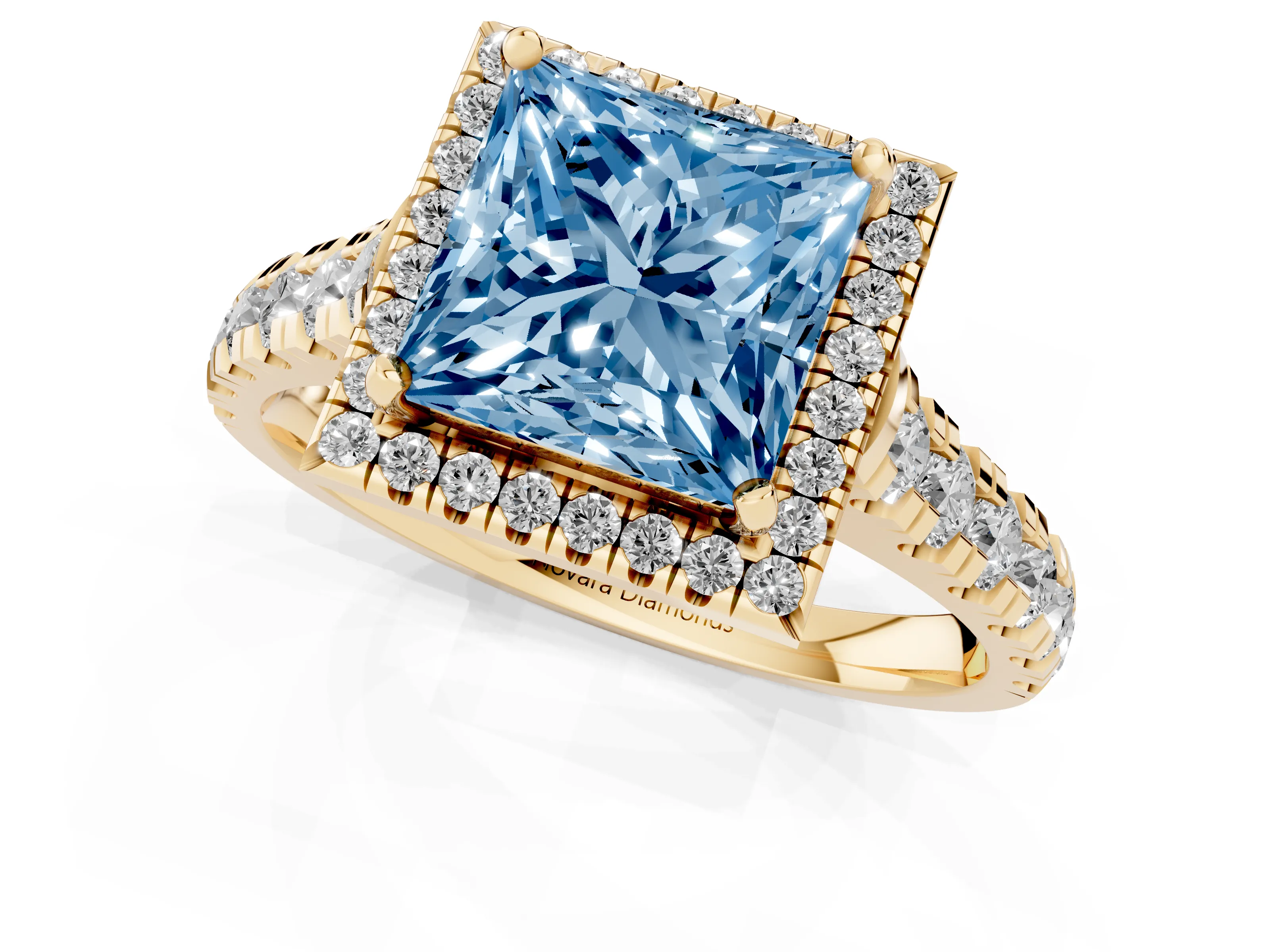 Fancy Blue Princess Cut Diamond Halo Engagement Ring Set in Yellow gold with Pavé Band and Prong-Set Center