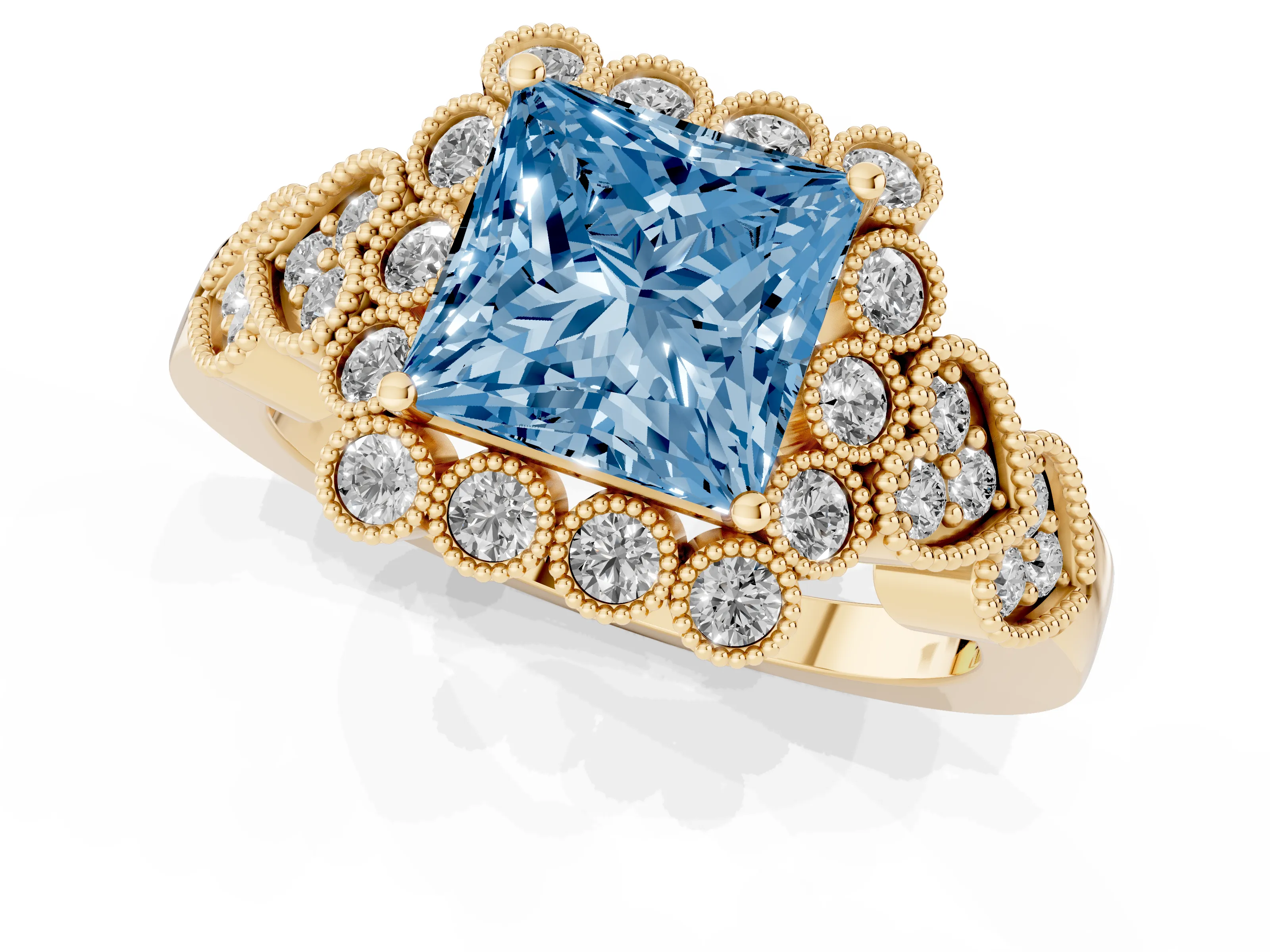 Fancy Blue Princess Cut Diamond Solitaire Ring Set in Yellow gold with Milgrain Pavé Heart Band