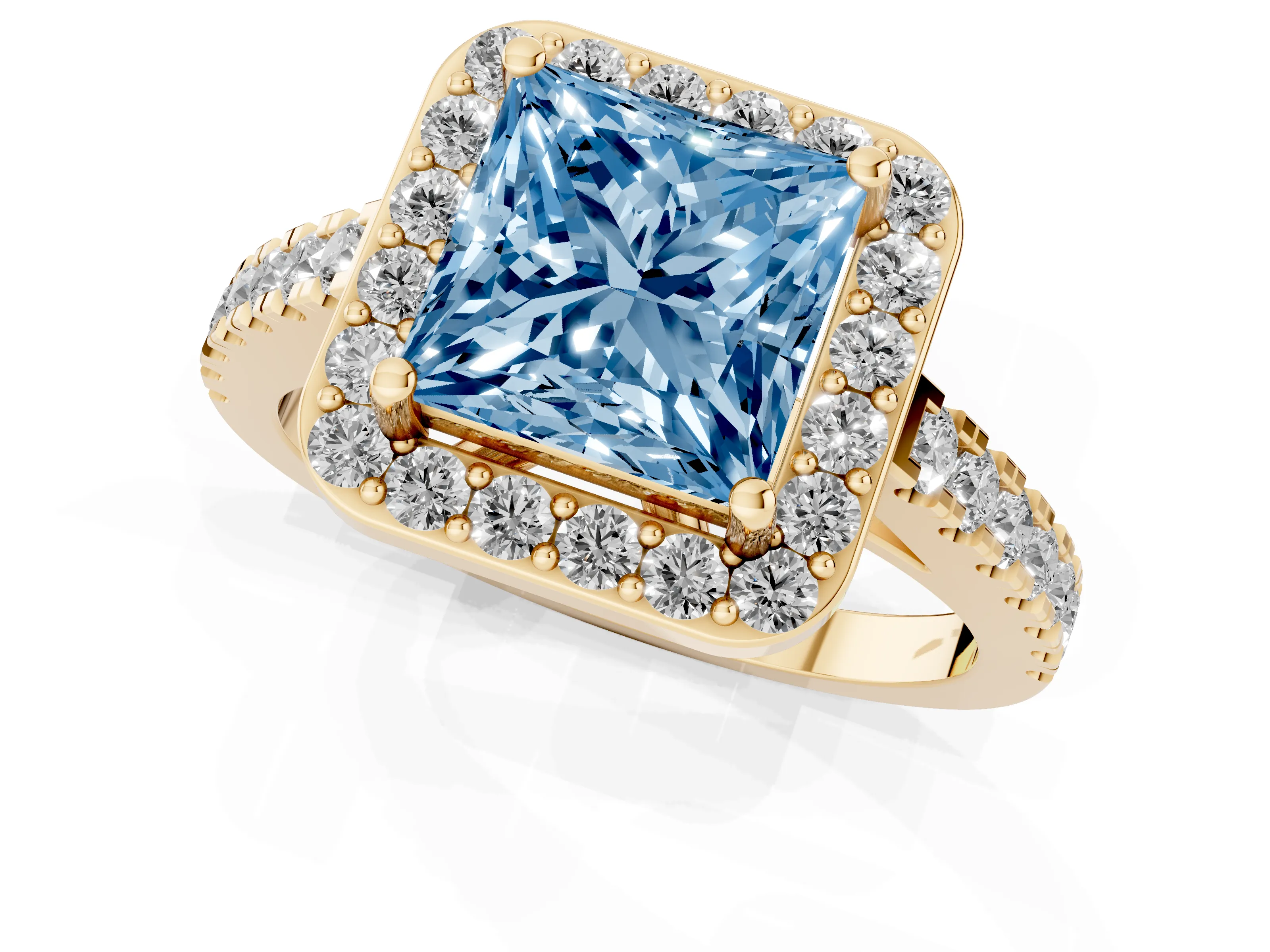 Fancy Blue Princess Cut Diamond Halo Ring Set in Yellow gold with Round Pavé Split Shank and Prong Setting