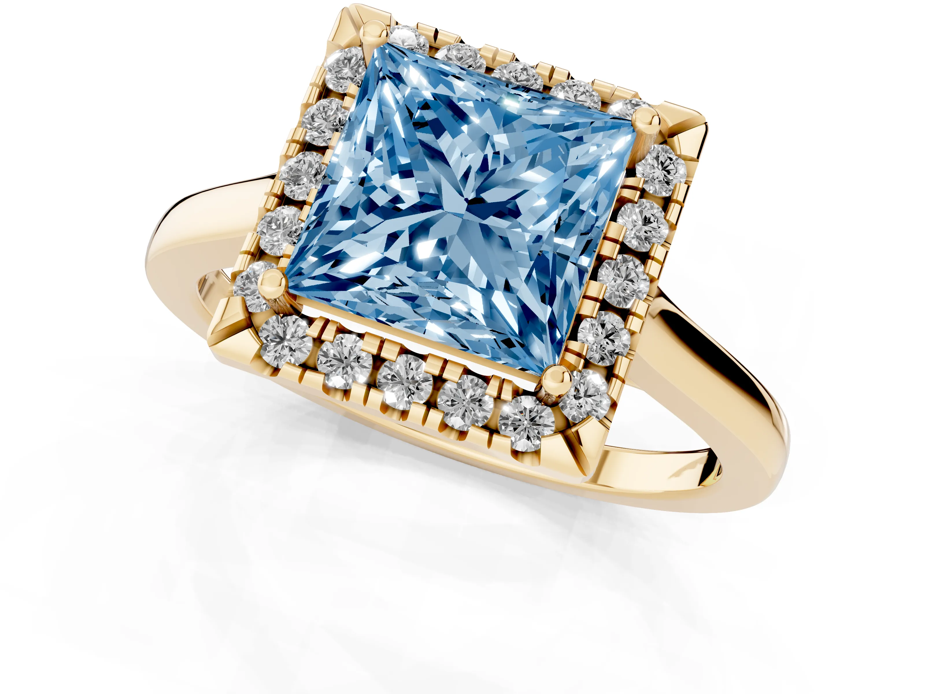 Fancy Blue Princess Cut Halo Round Diamond Solitaire Ring Set in Yellow gold with Pavé Band and Prong Setting