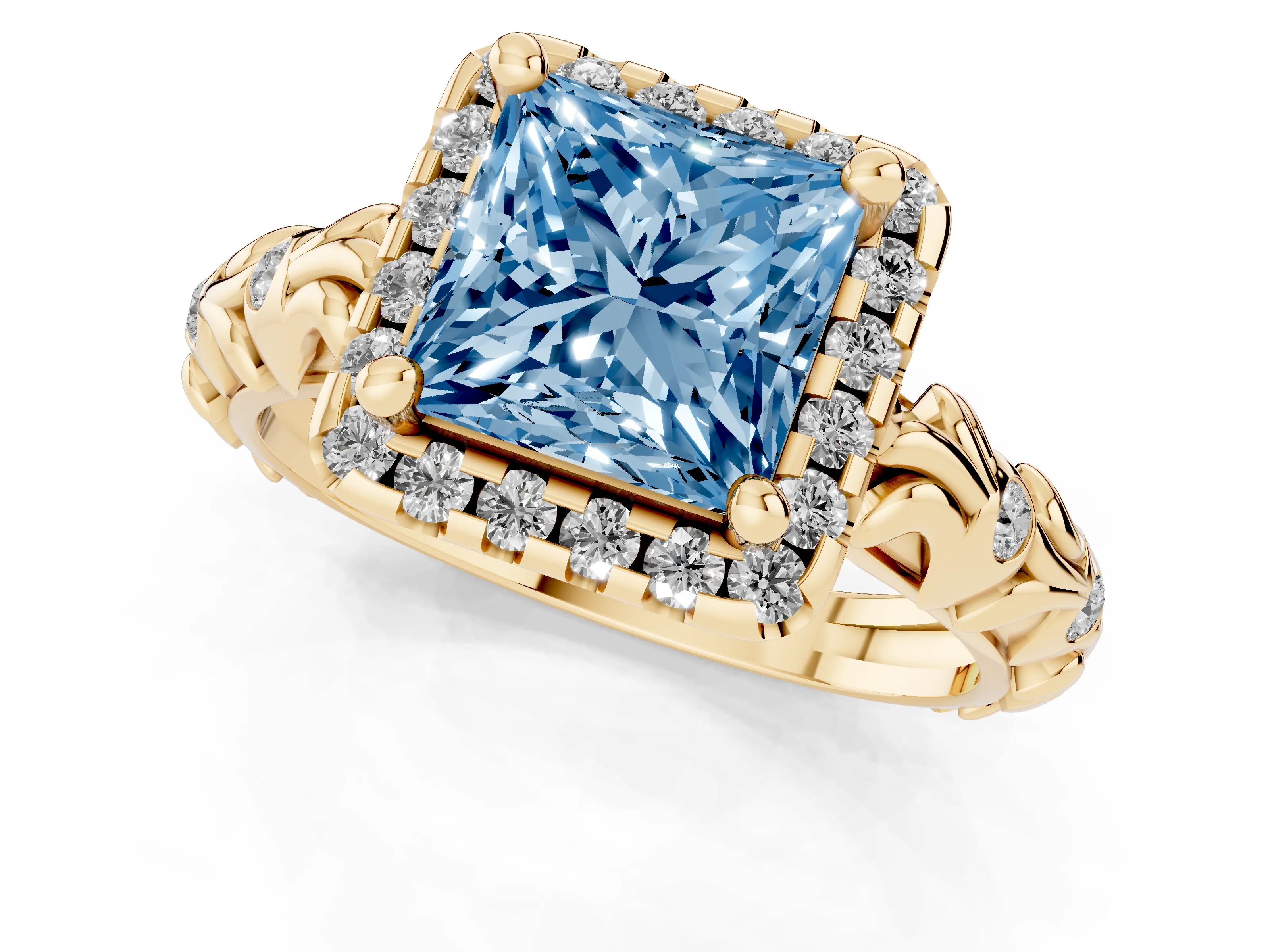 Fancy Blue Princess Cut Diamond Halo Ring Set in Yellow gold with Filigree Leaf Band and Prong Setting