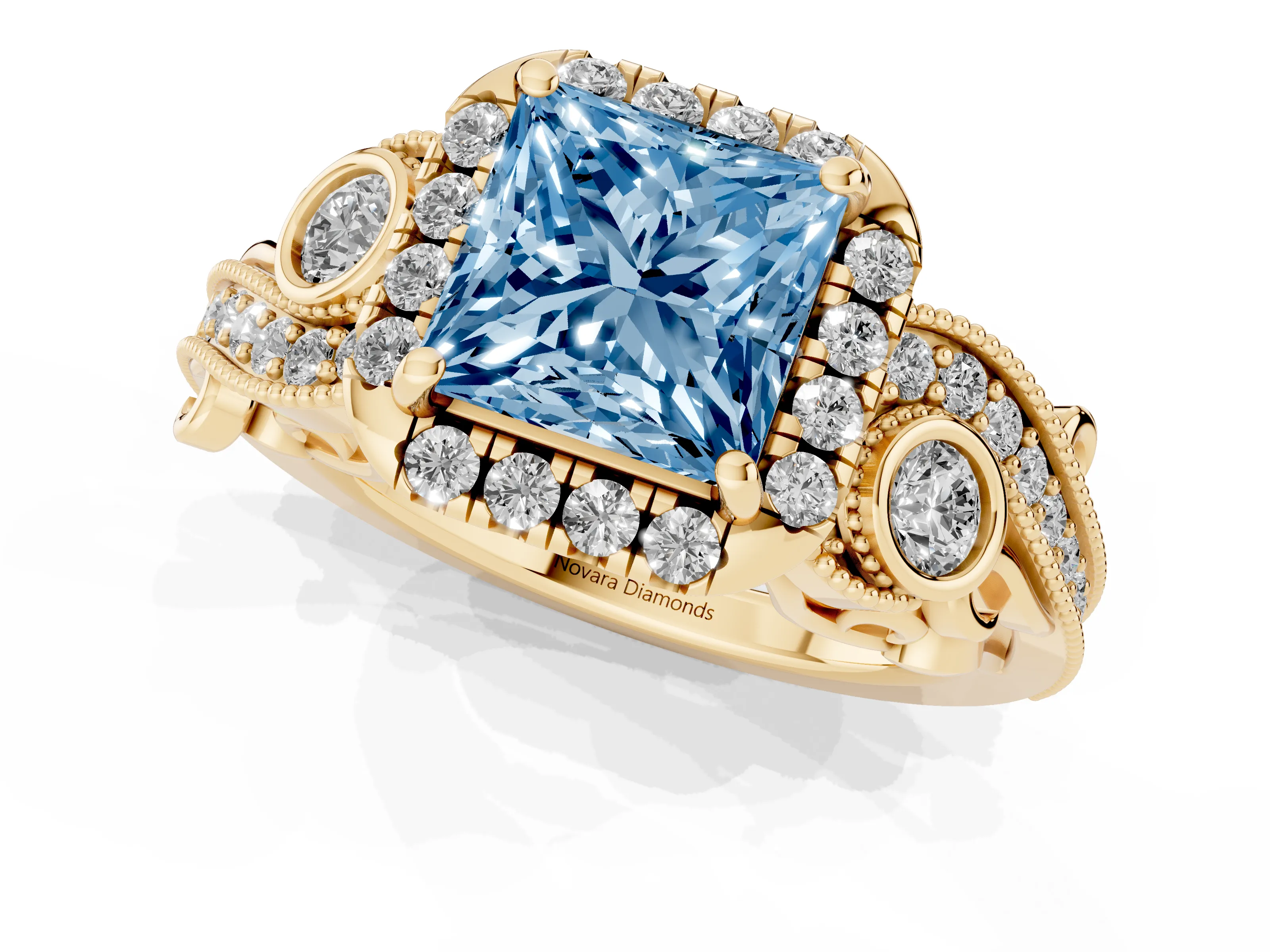 Fancy Blue Princess Cut Diamond Halo Split Shank Ring Set in Yellow gold with Milgrain and Bezel Accents