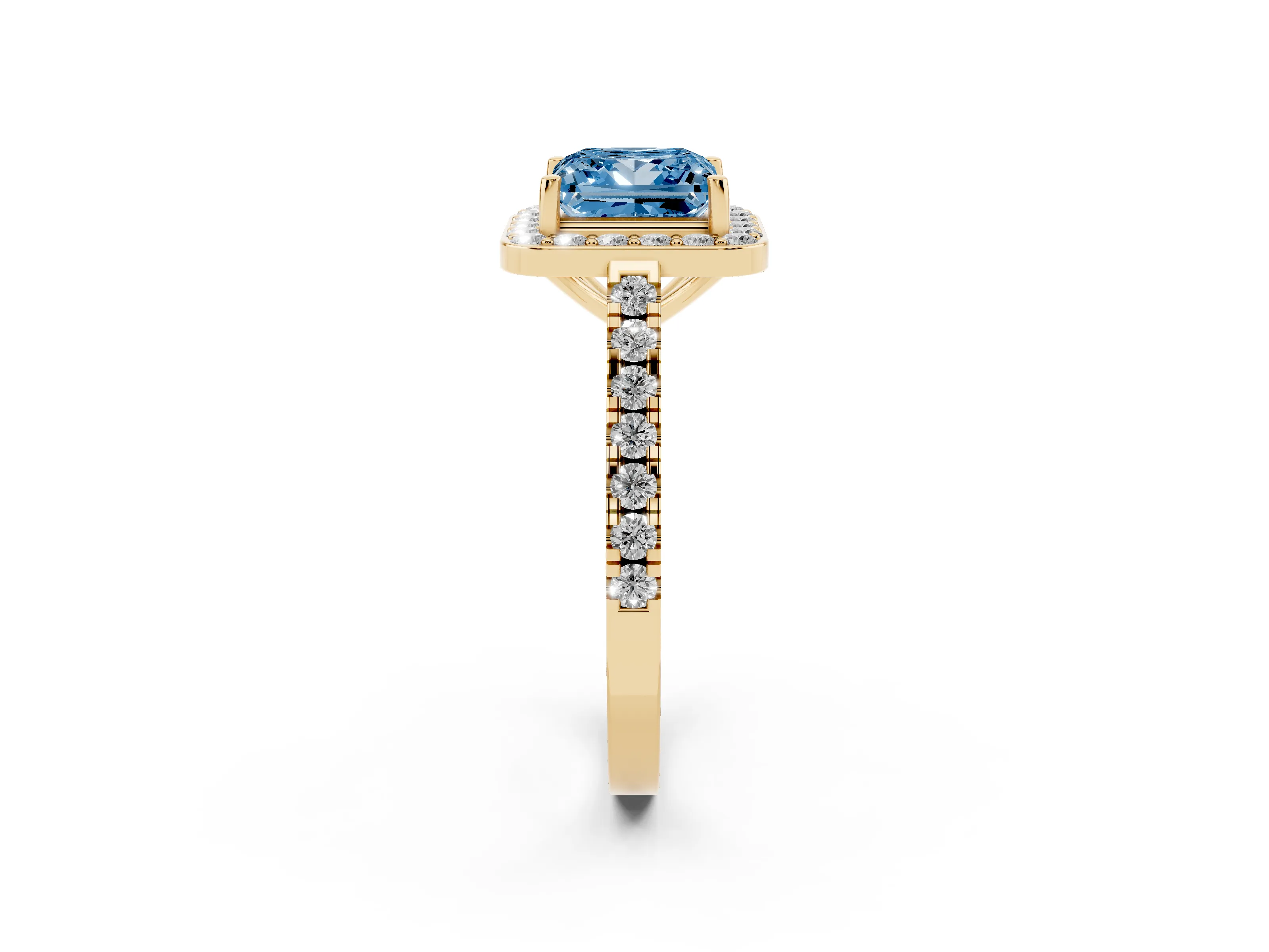 Fancy Blue Princess Cut Diamond Halo Ring Set in Yellow gold with Round Pavé Split Shank and Prong Setting