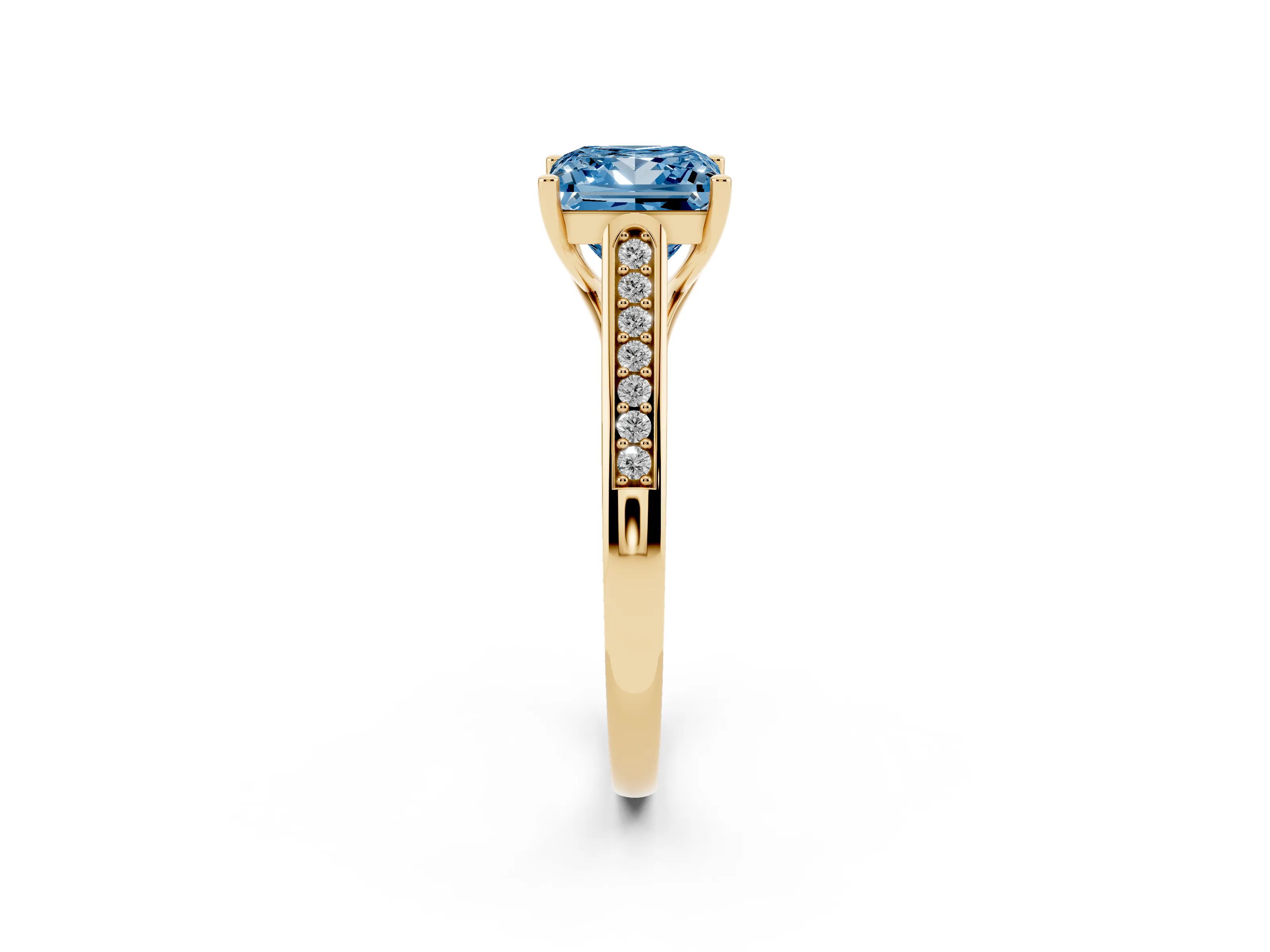 Fancy Blue Princess Cut Diamond Solitaire Cathedral Engagement Ring Set in Yellow gold with Channel-Set Band and Prong Setting