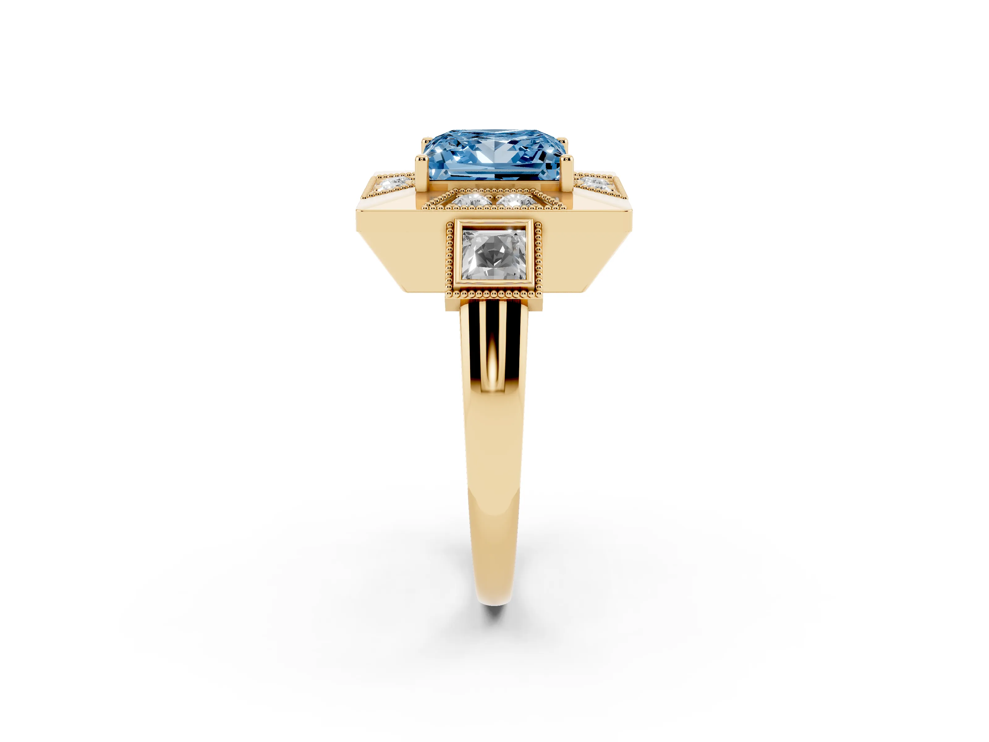 Fancy Blue Princess Cut Diamond Milgrain Halo Ring Set in Yellow gold with Split Shank