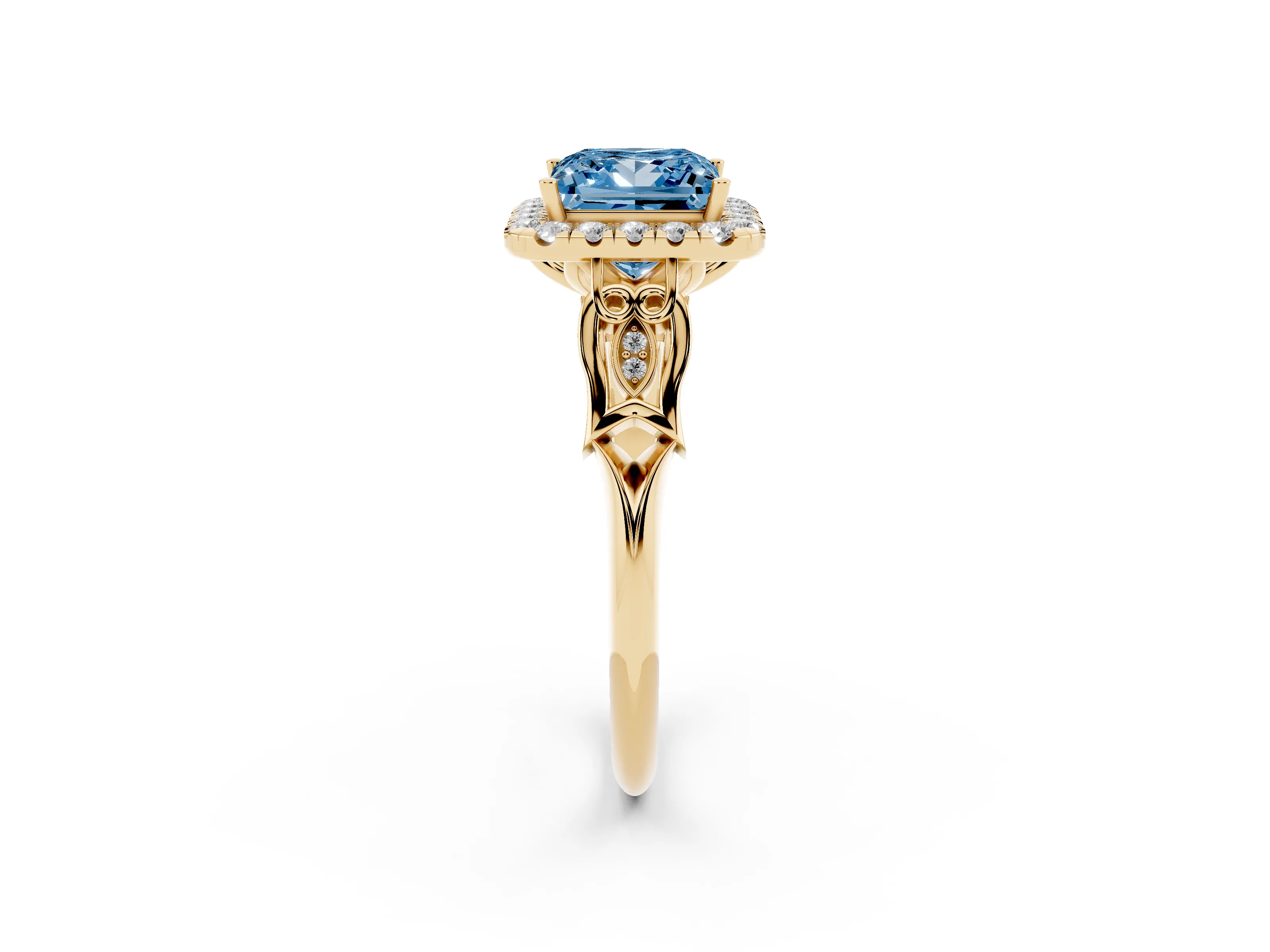 Fancy Blue Princess Cut Diamond Halo Engagement Ring Set in Yellow gold with Filigree Band and Prong-Set Center