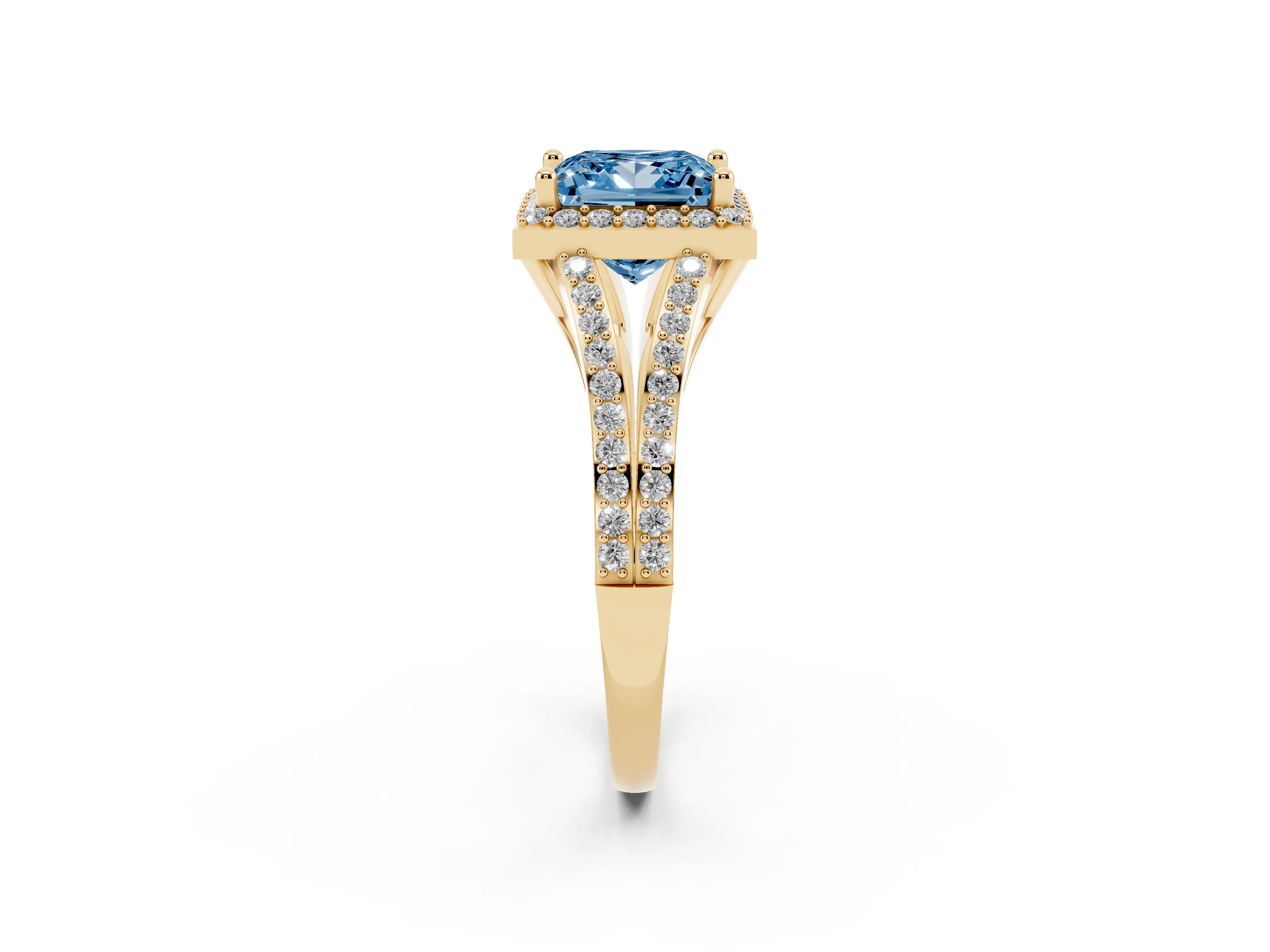 Fancy Blue Princess Cut Diamond Halo Split Shank Pavé Ring Set in Yellow gold with Prong Setting