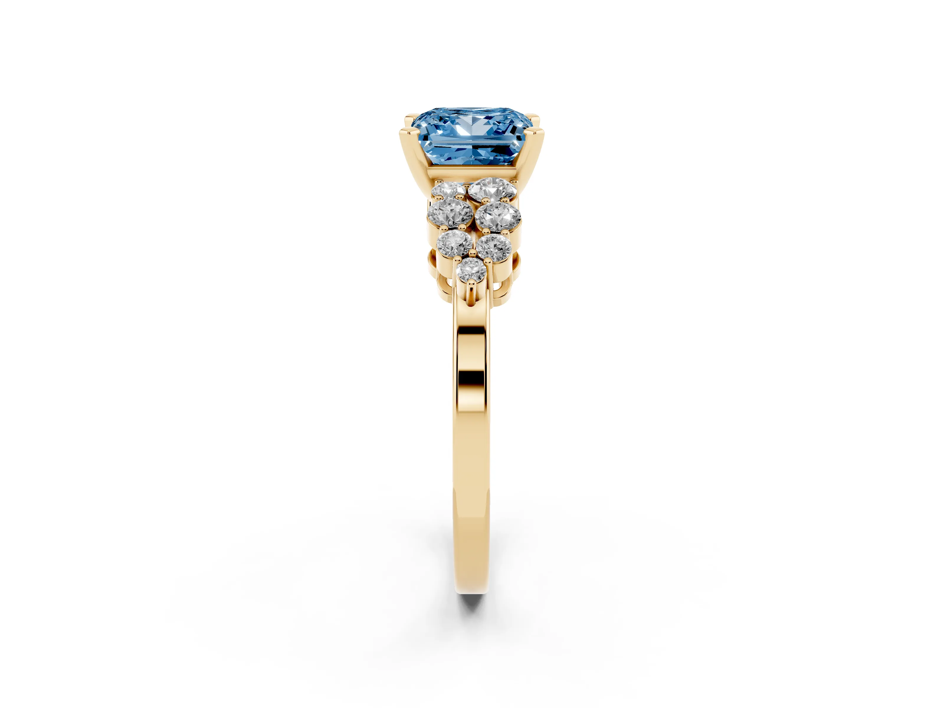 Fancy Blue Princess Cut Diamond Cluster Engagement Ring Set in Yellow gold with Pavé Band and Prong Setting