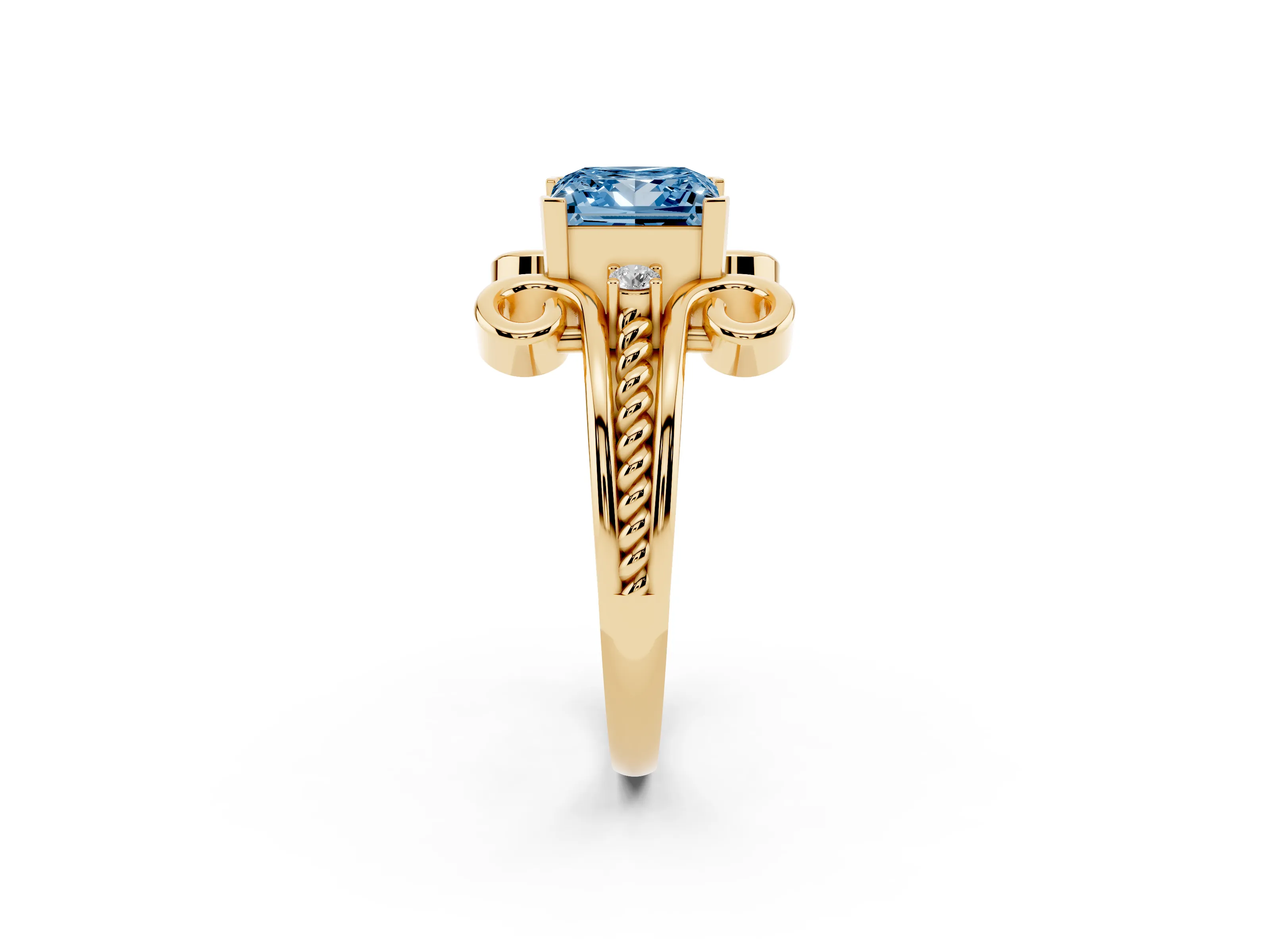 Fancy Blue Princess Cut Diamond Twisted Band Solitaire Ring Set in Yellow gold with Scroll Prongs