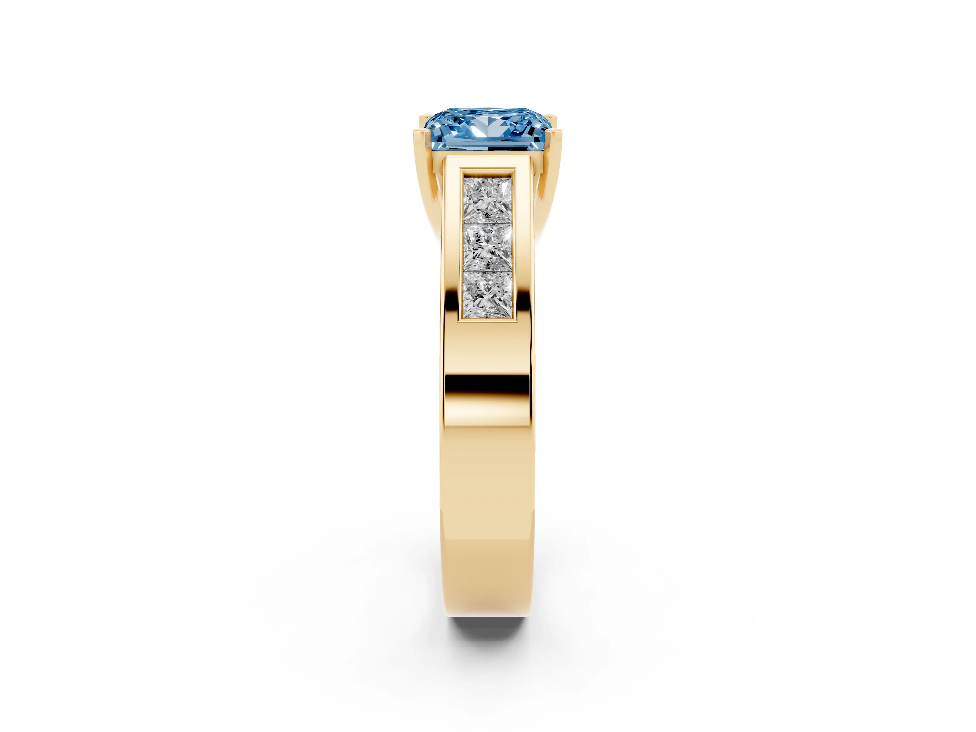 Fancy Blue Princess Cut Diamond Solitaire Ring Set in Yellow gold with Channel-Set Accent Stones and Prong Setting