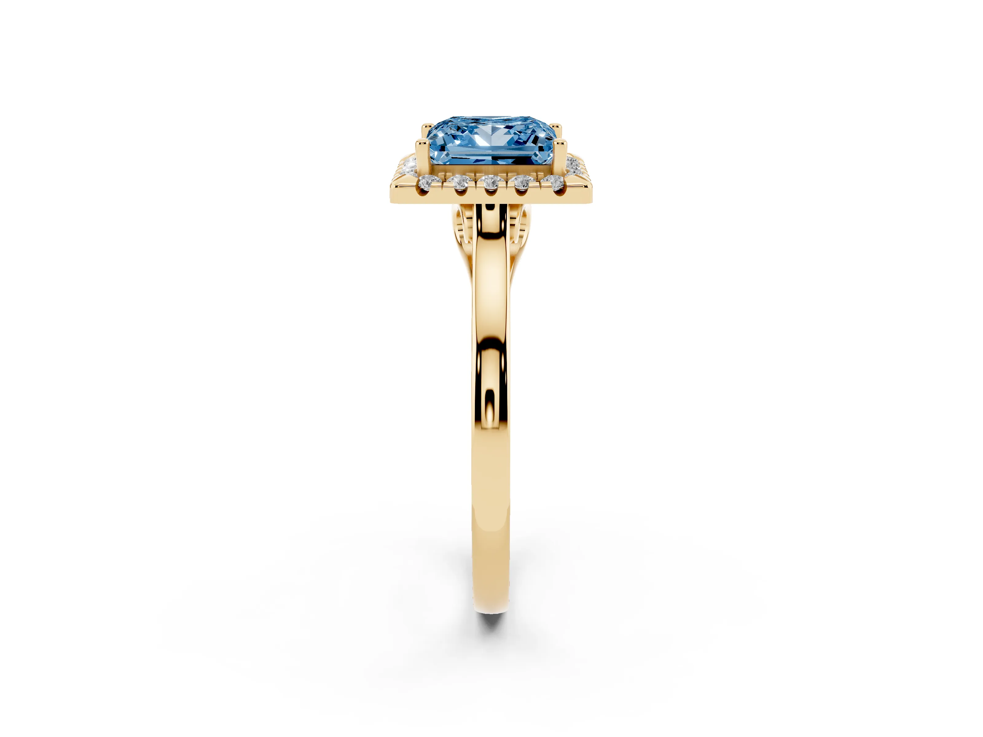 Fancy Blue Princess Cut Halo Round Diamond Solitaire Ring Set in Yellow gold with Pavé Band and Prong Setting