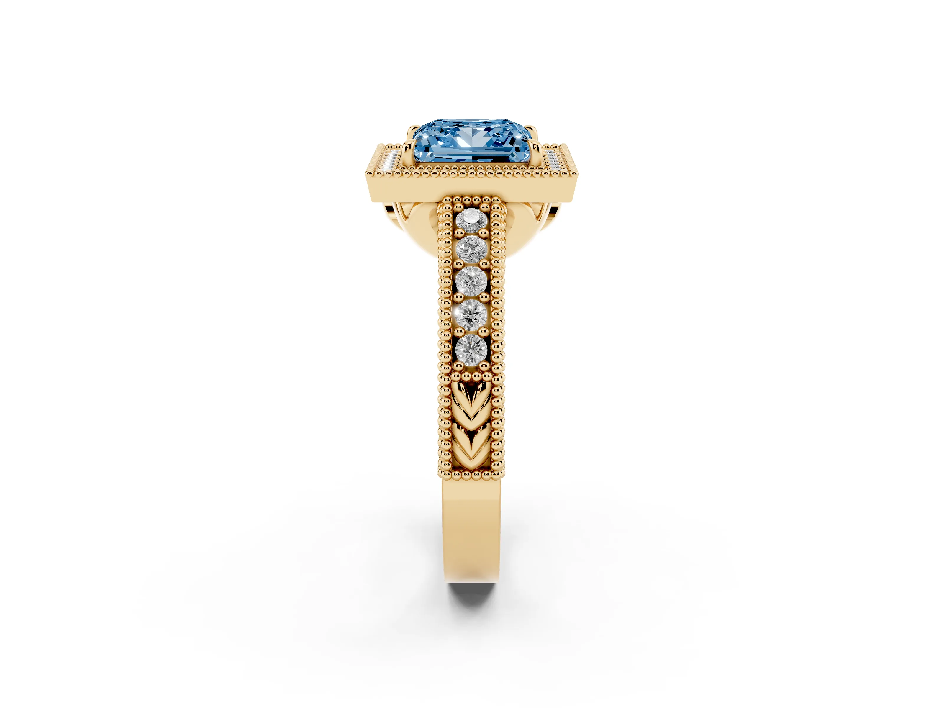 Fancy Blue Princess Cut Diamond Halo Ring Set in Yellow gold with Round Accent Halo, Pavé Band and Prong Setting
