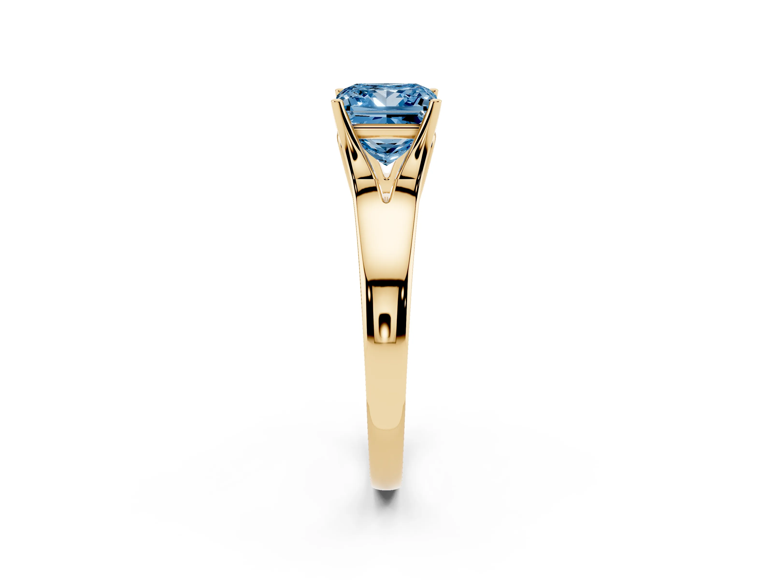 Fancy Blue Princess Cut Diamond Solitaire Ring Set in Yellow gold with Arched Cathedral Band and Prong Setting