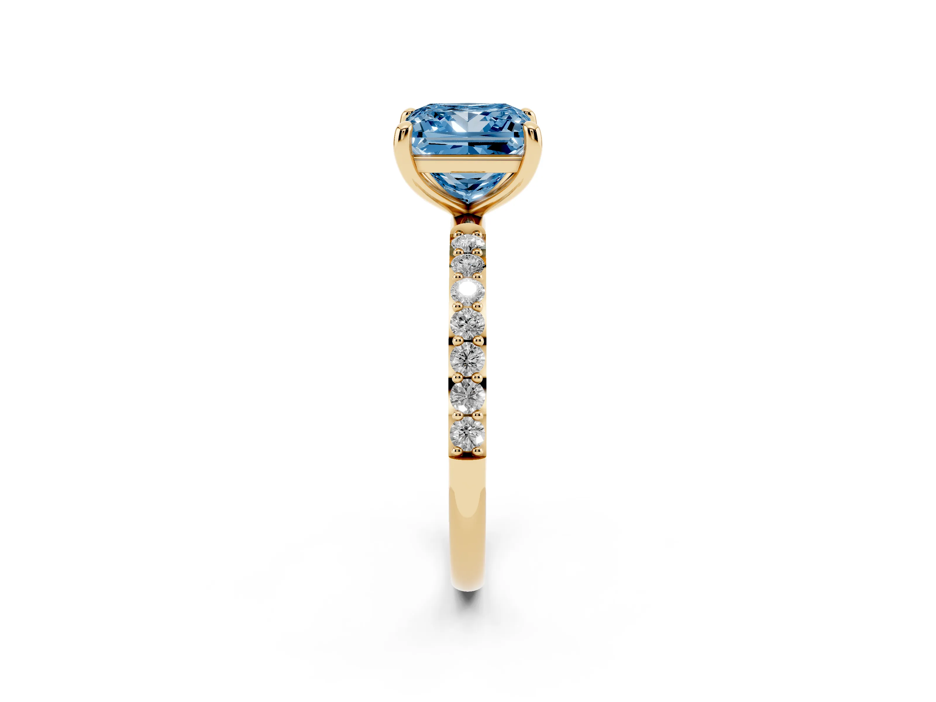 Fancy Blue Princess Cut Diamond Solitaire Ring Set in Yellow gold with Round Pavé Band and Prong Setting
