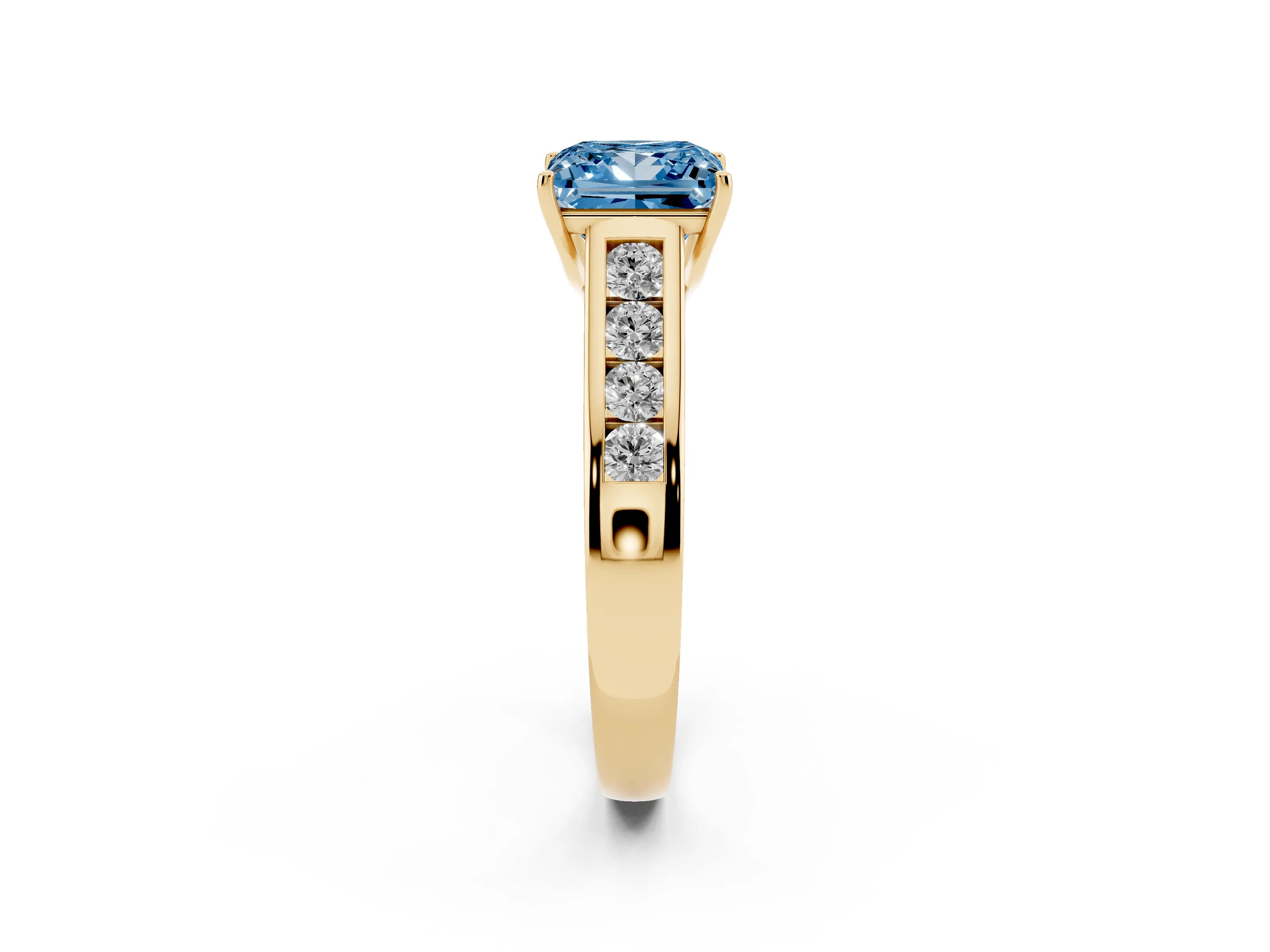 Fancy Blue Princess Cut Diamond Solitaire Channel-Set Engagement Ring Set in Yellow gold with Prong Setting