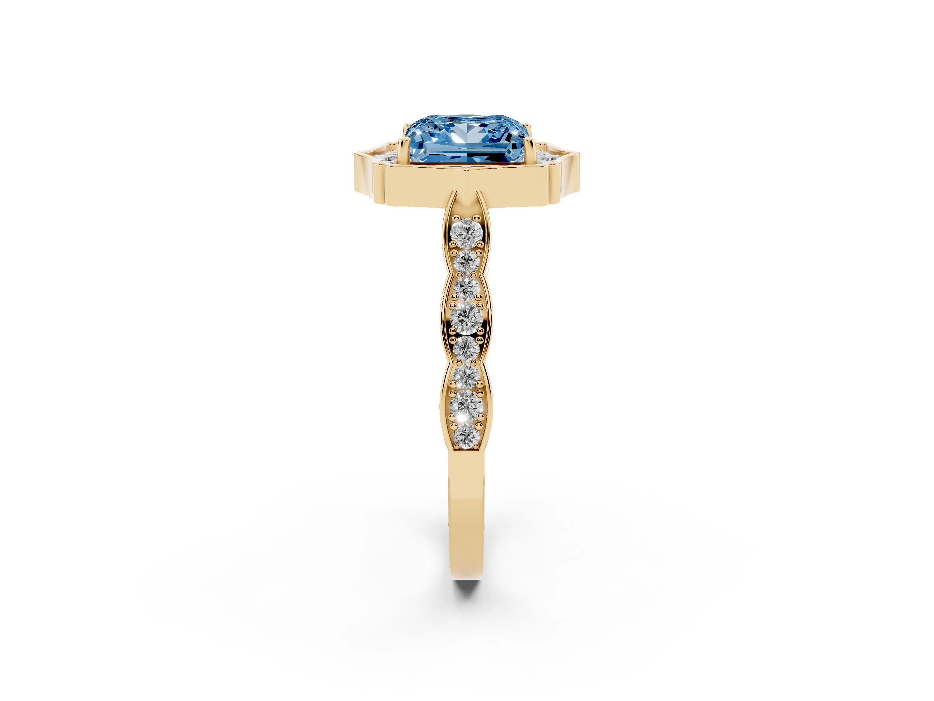 Fancy Blue Princess Cut Diamond Halo Engagement Ring Set in Yellow gold with Milgrain Band and Prong Setting